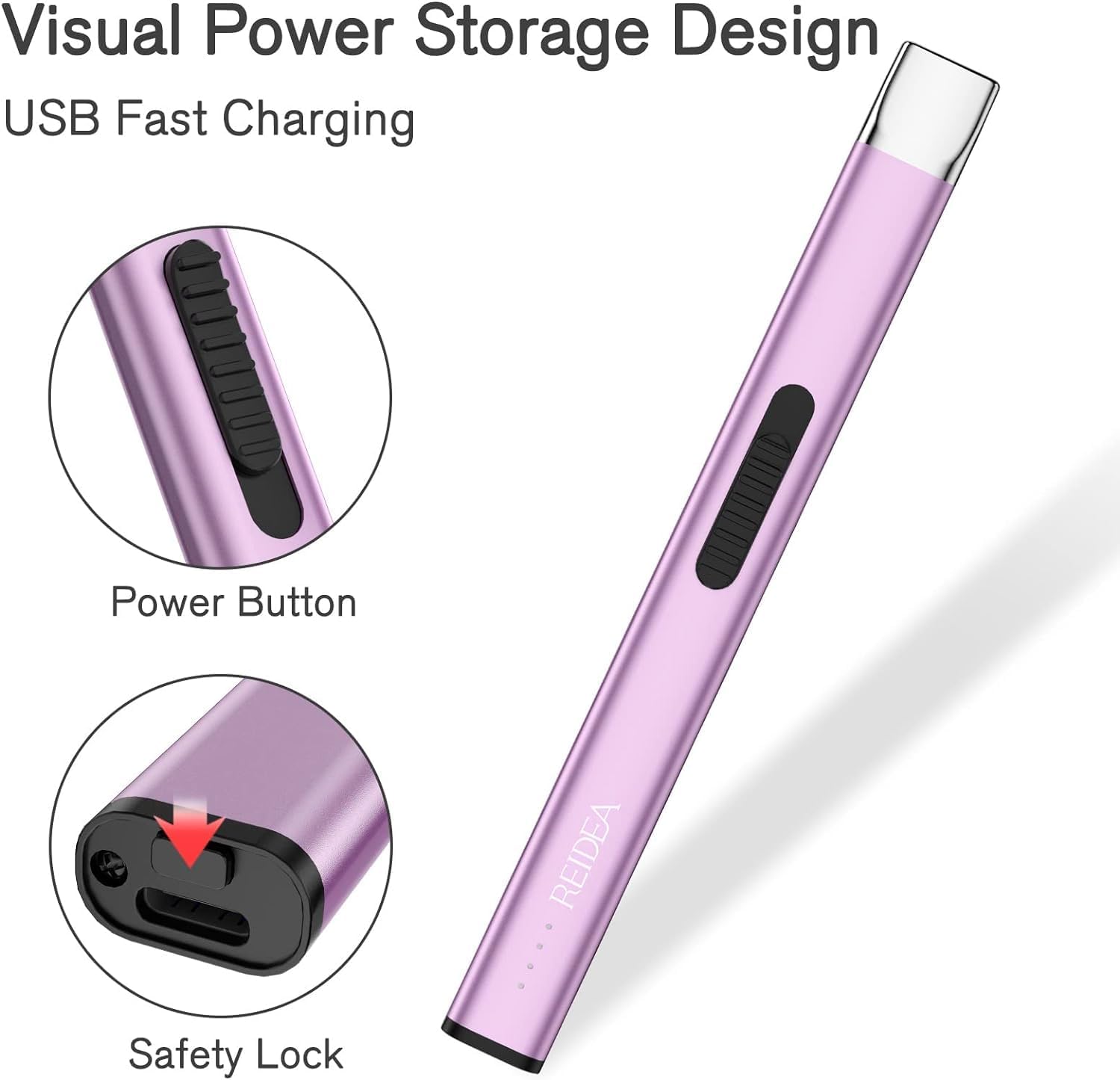 REIDEA Encendedor electrónico de velas recargable por USB con bloqueo de seguridad, resistente al viento, disipación de calor rápido, interruptor