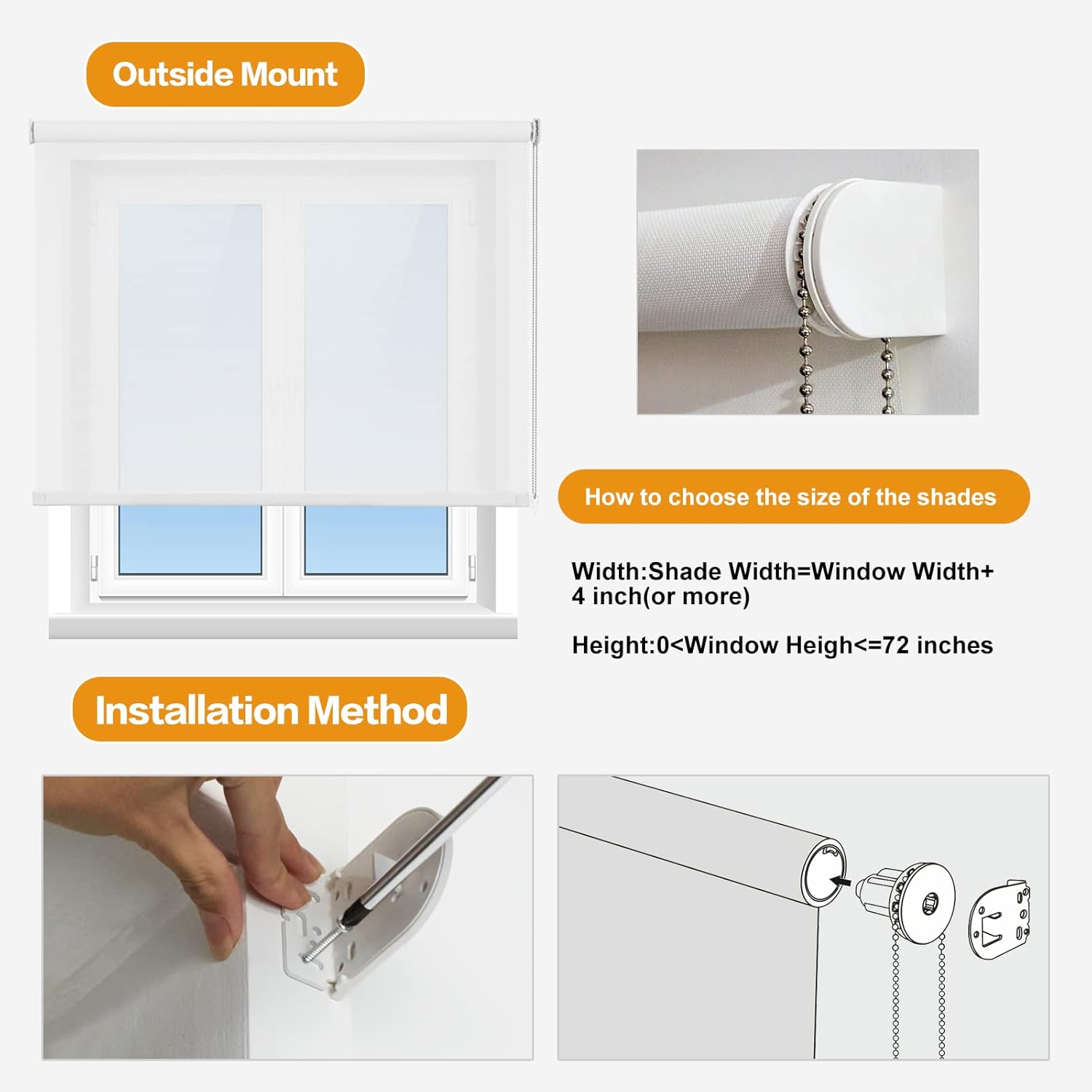 Persilux Persianas solares enrollables con filtro de luz para ventana, 47 pulgadas de ancho x 72 pulgadas de alto, color blanco hueso, persianas con