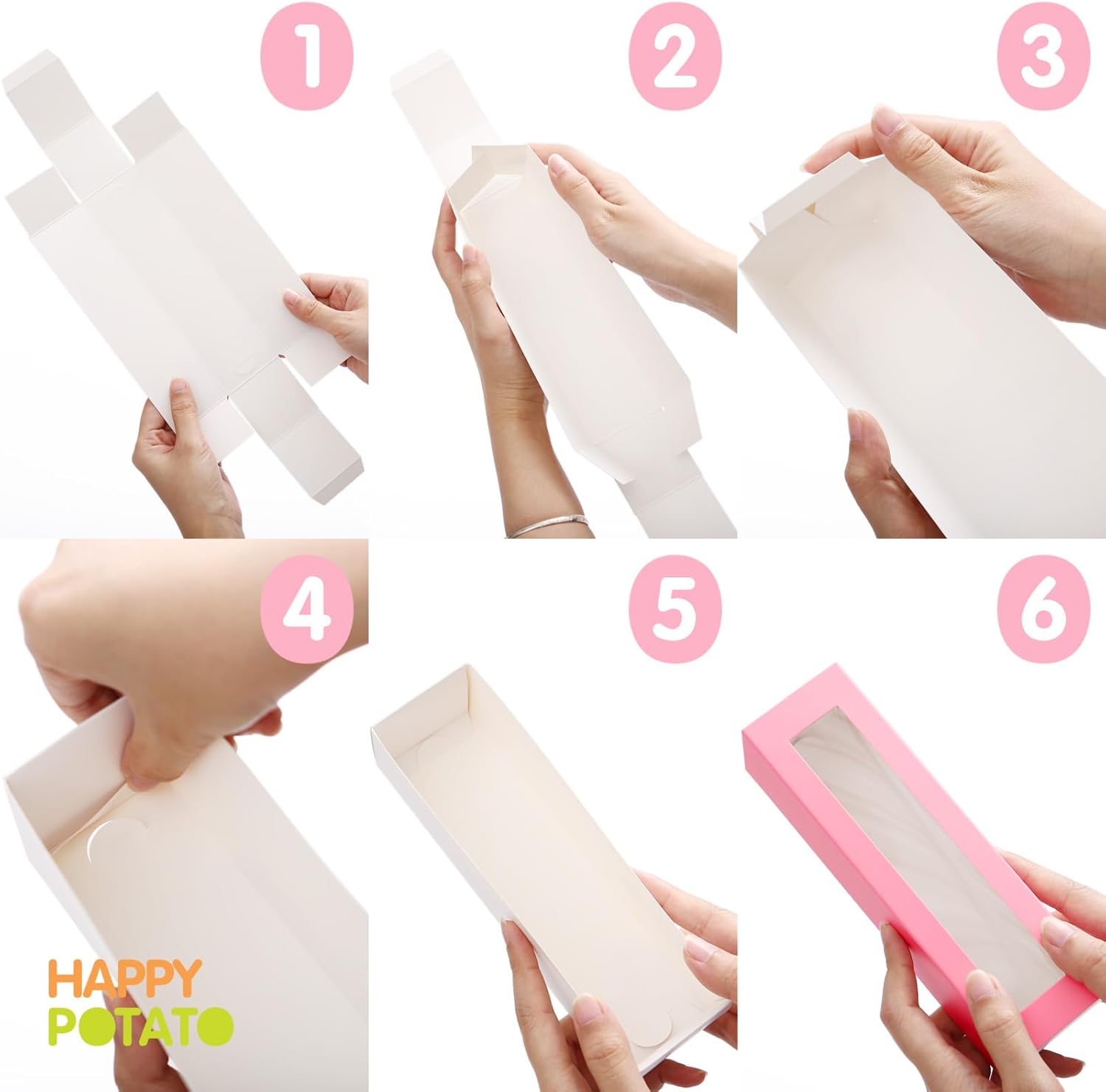 HAPPY POTATO Paquete de 25 cajas de macarrones para 6, 7.2 x 1.9 x 1.9 pulgadas, cajas de embalaje de macarrones, cajas de macarrón rosa con ventana