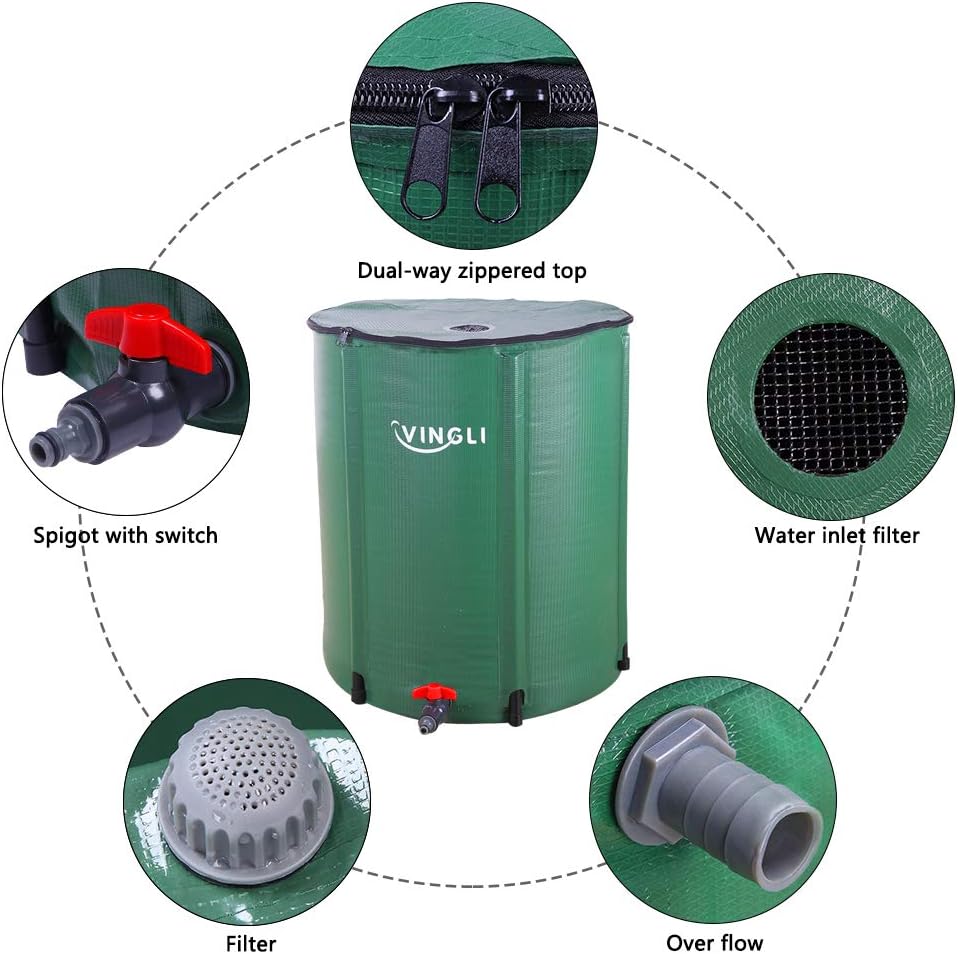 VINGLI – Barril de lluvia plegable de 66 galones, tanque portátil de almacenamiento de agua, sistema de recogida de agua de lluvia, contenedor de
