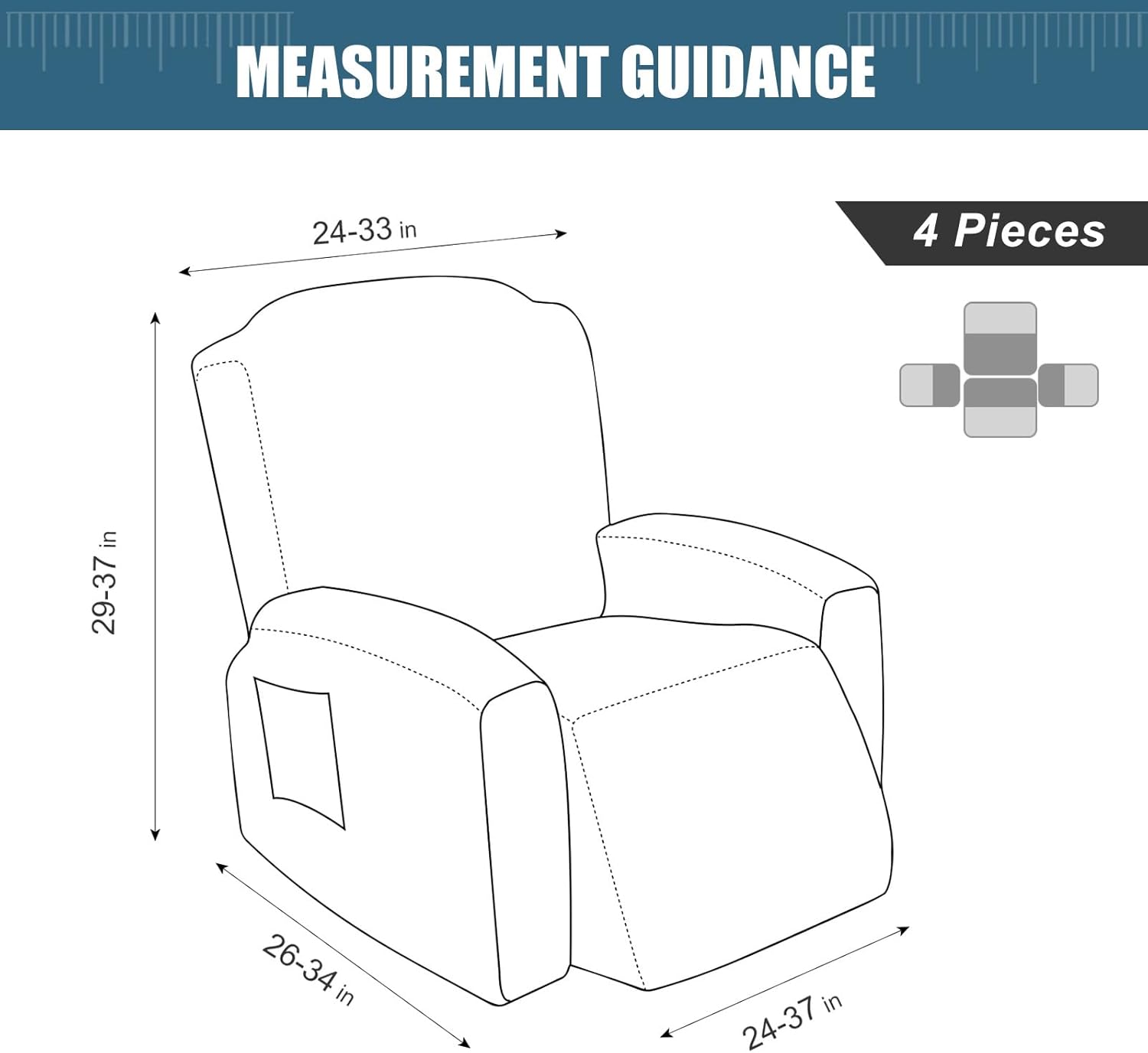 YUEANG Funda reclinable elástica de 4 piezas, funda de sofá para sofá reclinable de 1 asiento, protector de muebles lavable con parte inferior