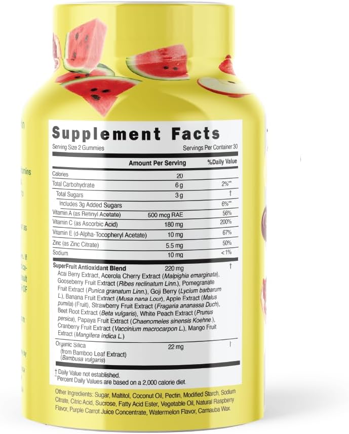 Amazing Superfruits Star Gummies Vitaminas A, C, E, Zinc, Acai Berry, Acerola, Goji, raíz de remolacha, fresa, grosella espinosa. Sabor frambuesa y