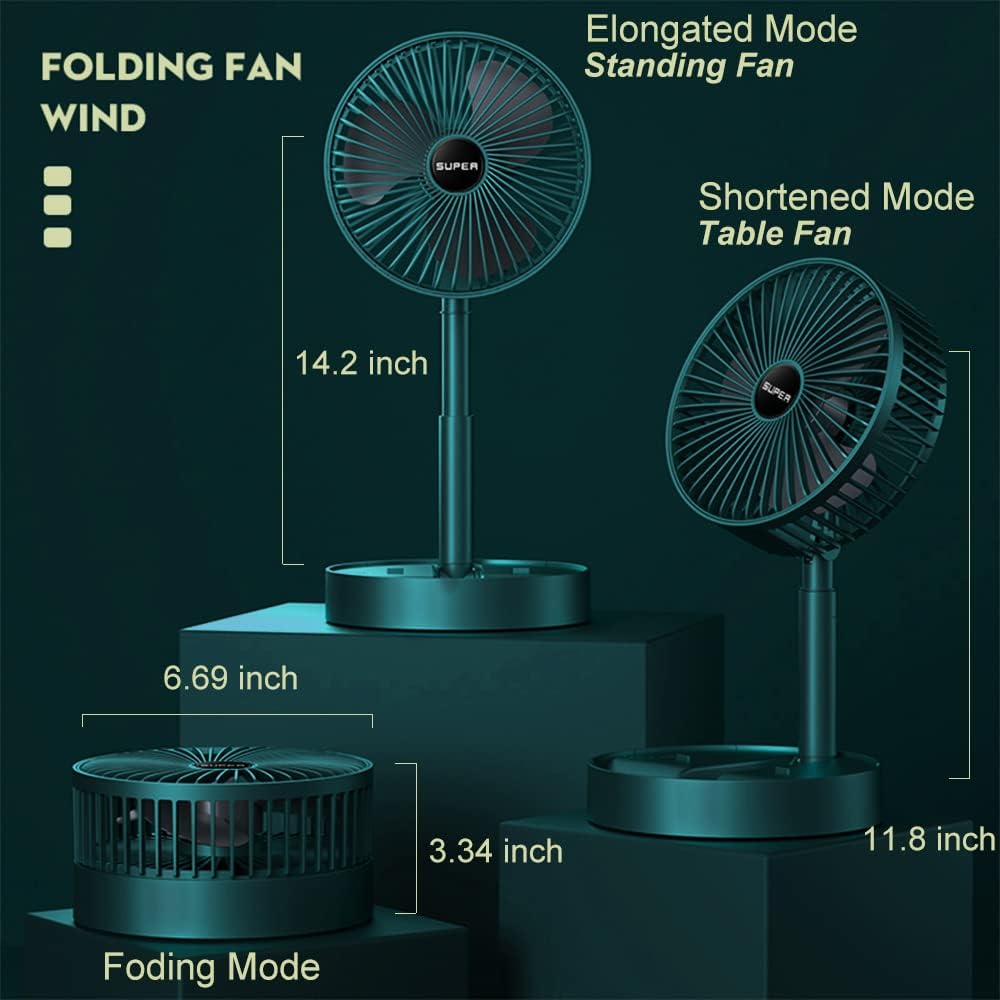 Ventilador de escritorio recargable portátil, ventilador plegable de 3 velocidades de altura ajustable con temporizador, carga USB recargable de