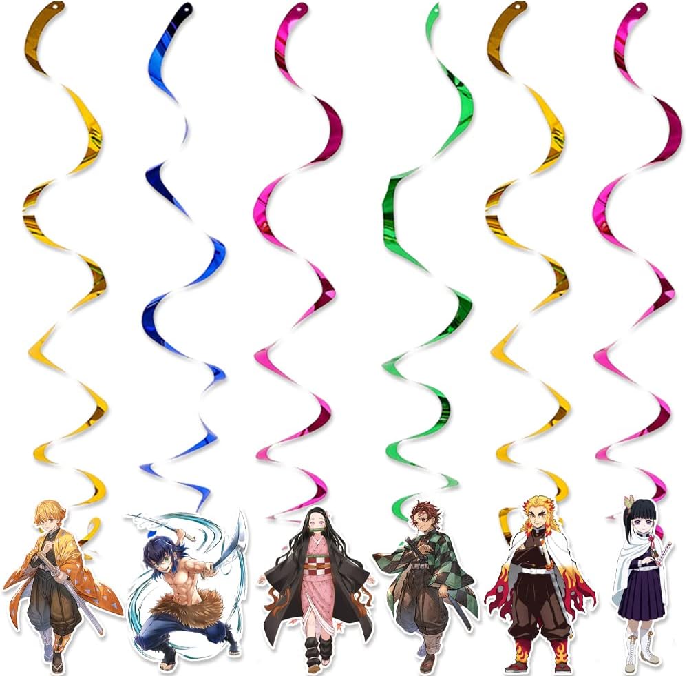13 piezas de suministros de fiesta de Demon Slayers, 6 espirales colgantes de Demon Slayer y 1 pancarta de feliz cumpleaños para decoración de