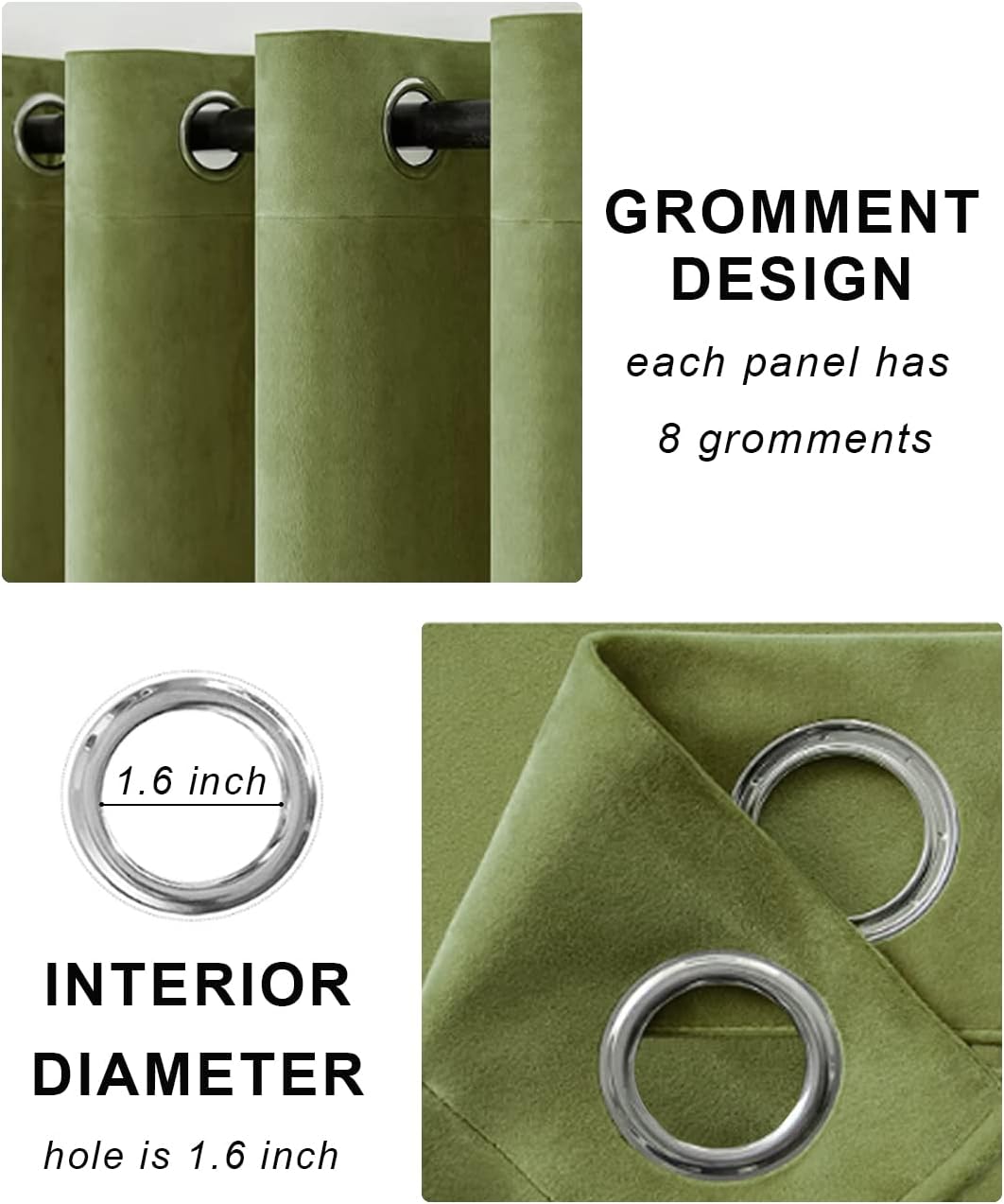Cortinas de terciopelo de color verde de 72 pulgadas de largo con ojales, aislamiento térmico súper suave, reducción de ruido, gruesas filtrantes de