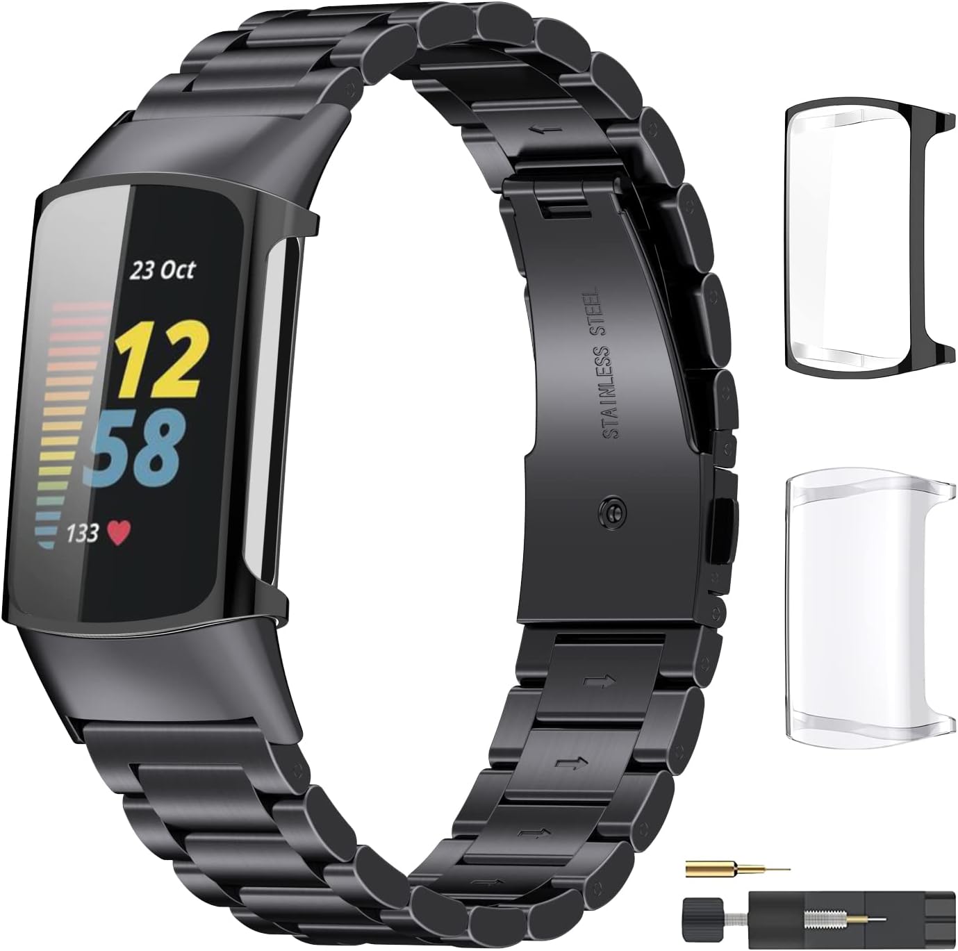 for Fitbit Charge 65 Metal Watch Band with Case, Stainless Steel Replacement Strap Compatible with Fitbit Charge 65 Wristband