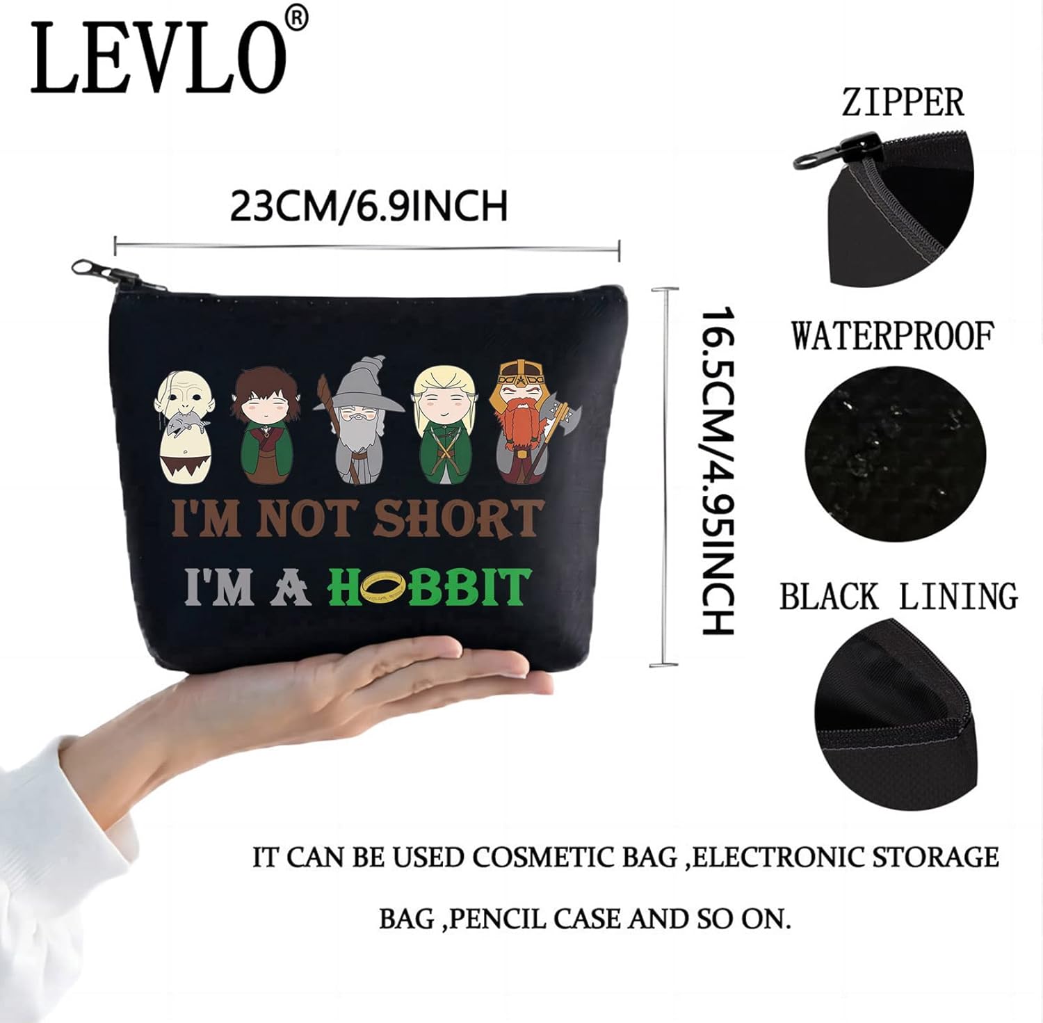 LEVLO Hobbit – Bolsa de cosméticos de la película Hobbit, regalo para fanáticos del Hobbit, no soy corto, soy un hobbit con cremallera, bolsa de