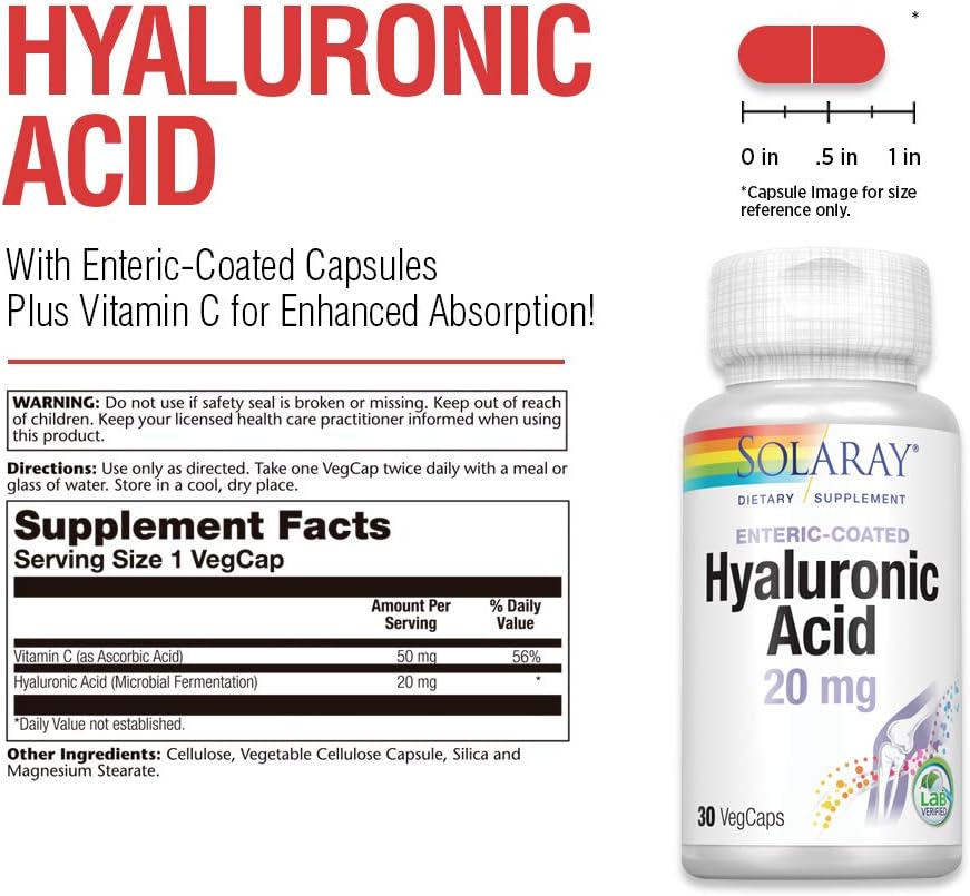 SOLARAY Ácido hialurónico  Ayuda a apoyar la comodidad saludable de las articulaciones y la salud de la piel  con vitamina C  30 cápsulas vegetales