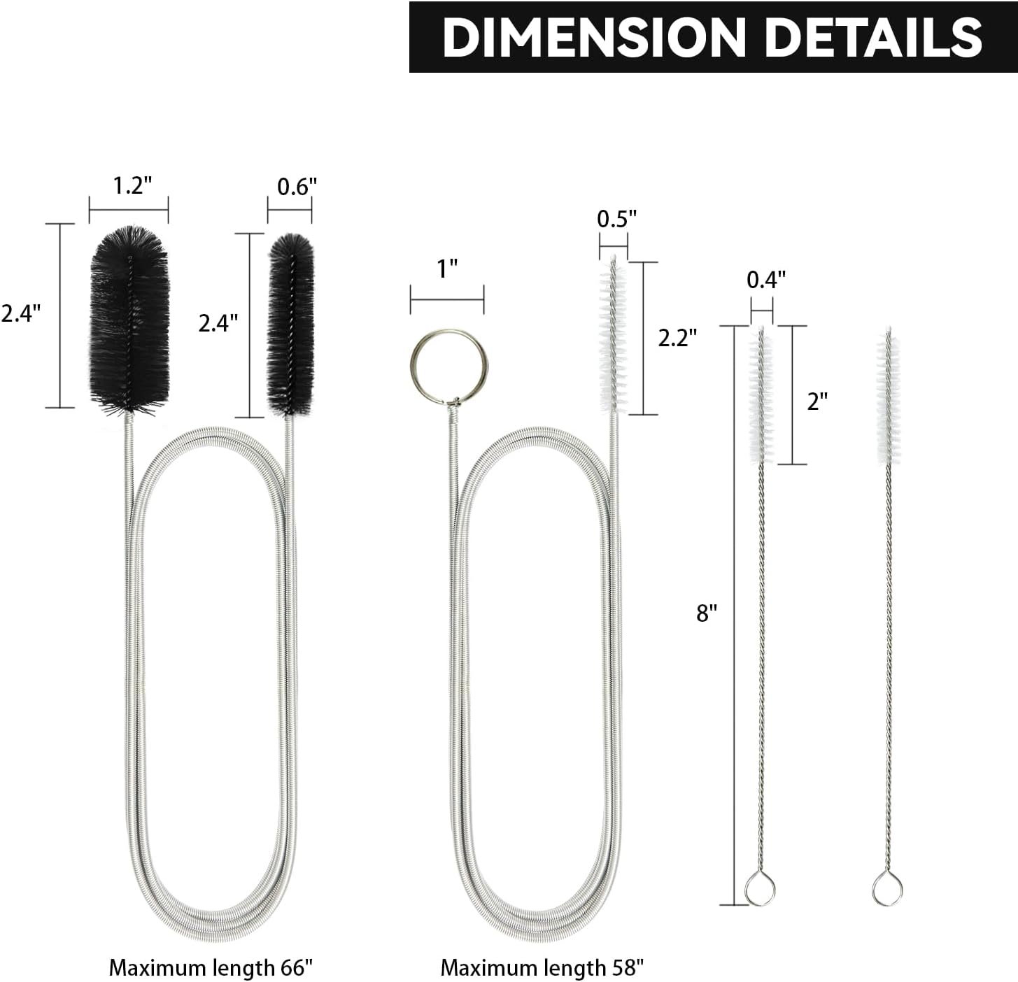 Cepillo de drenaje flexible, limpiadores de tuberías de manguera de doble extremo de 66 pulgadas de largo y cepillo de limpieza de tubos de 58
