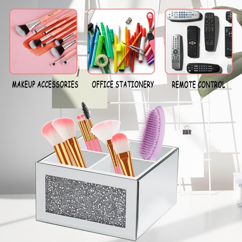 HMRCYTE Organizador de brochas de maquillaje con espejo giratorio de 360, soporte de almacenamiento de cepillos cosméticos de cristal de cristal,