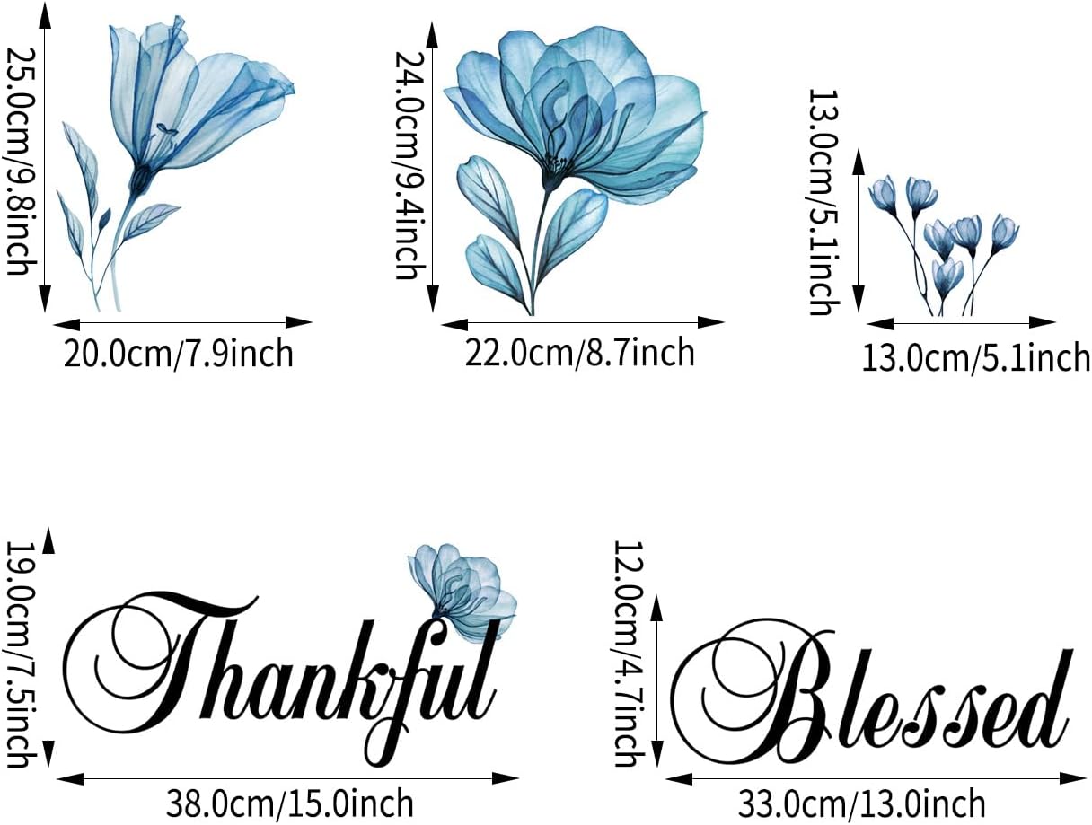 Thankful Grateful Blessed – Adhesivo decorativo motivacional para pared, diseño de flores azules, mariposas, despegar y pegar, decoración de pared