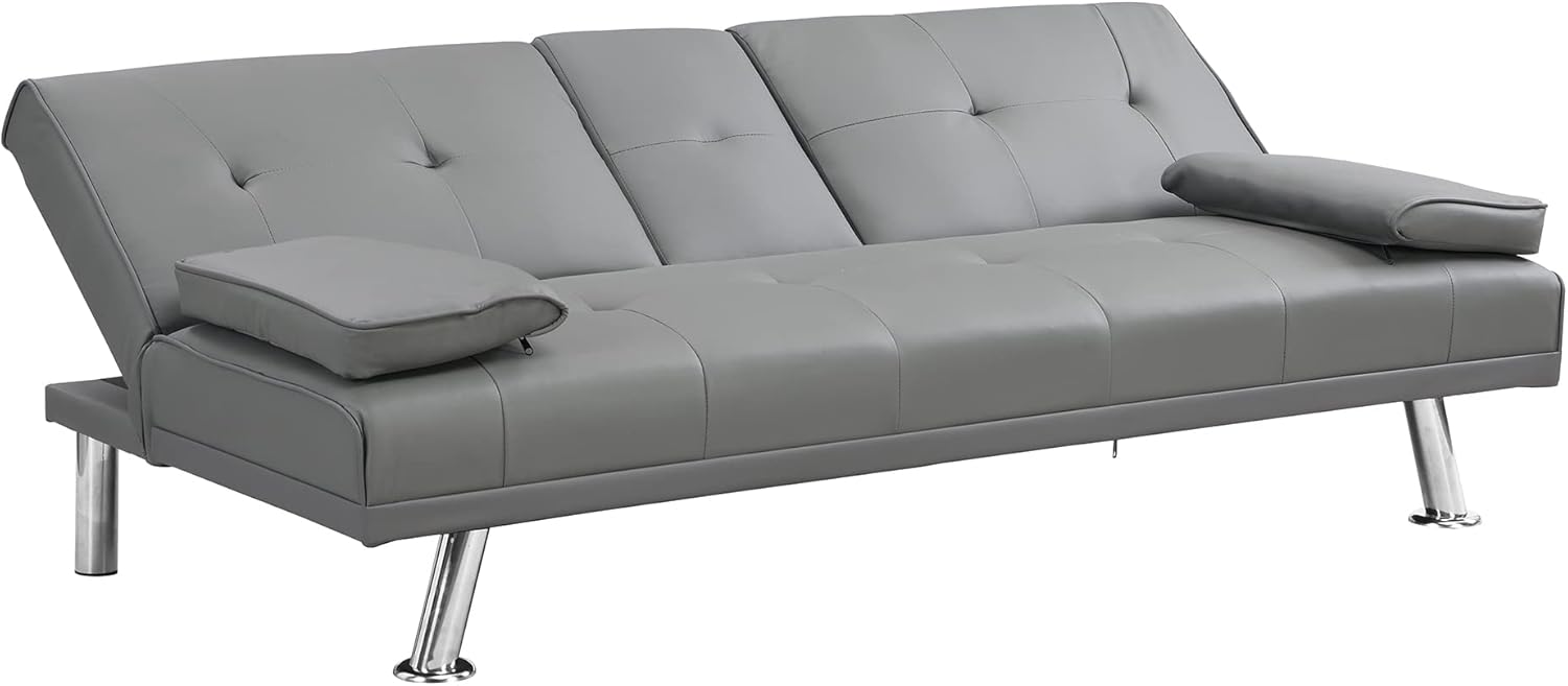 Futón, sala de estar de cuero moderna, sofá biplaza plegable convertible, sofá cama extraíble con 2 portavasos con reposabrazos en el medio, gris