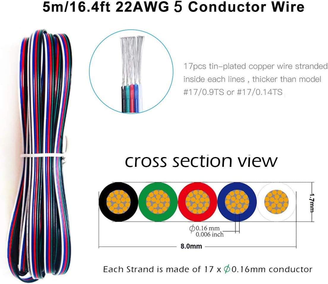 SUPERNIGHT Conectores LED de 5 pines, paquete de 8 para tiras de luces LED impermeables RGBW RGBWW 5050, conexión rápida de tira a cable sin