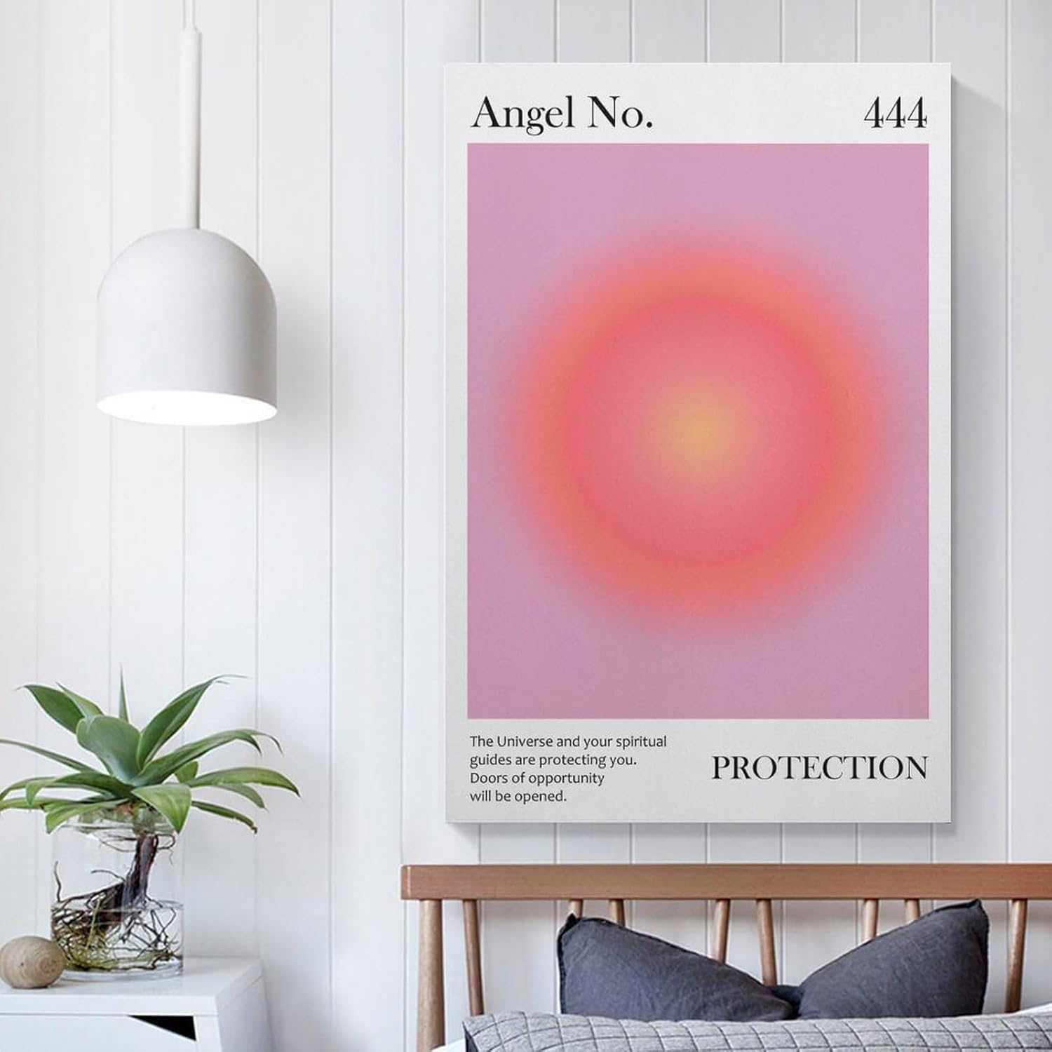 Póster de ángel con el número 444 impreso, color rosa, protección espiritual para el hogar, ley de atracción, manifiesto, póster de lienzo para