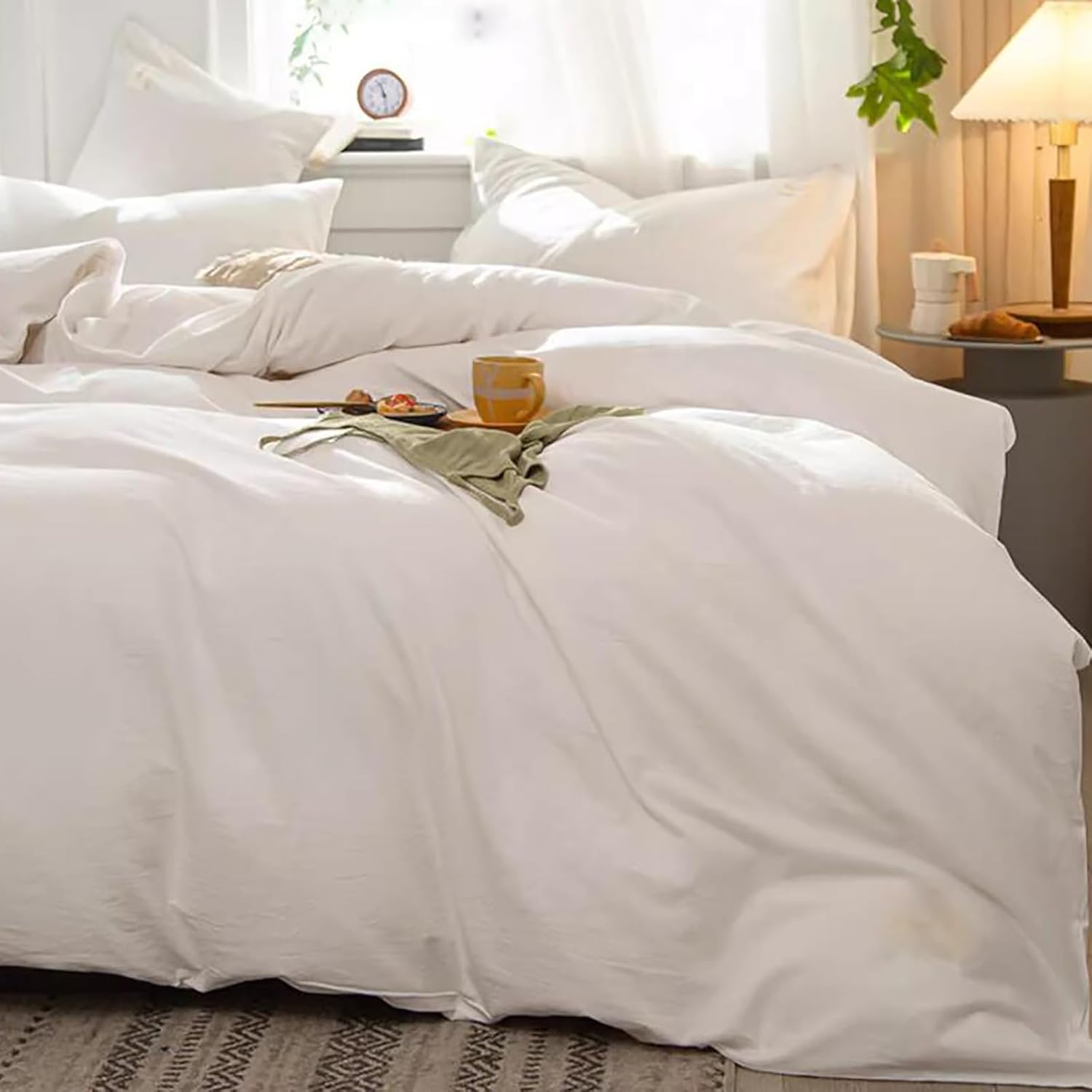 Luxlovery – Juego de edredón color blanco tamaño individual, juego de ropa de cama de 3 piezas, color blanco liso, suave, transpirable, para cama