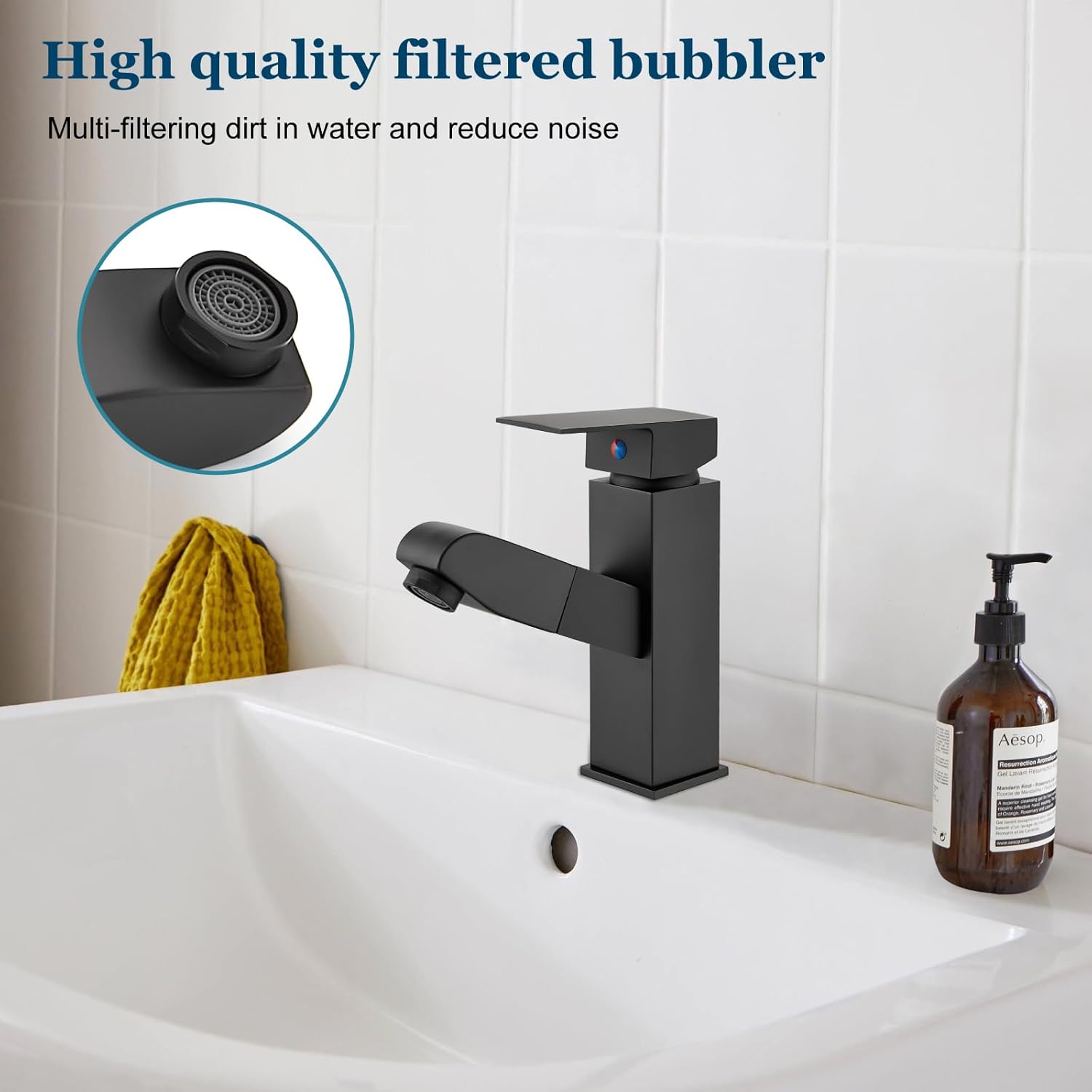 Grifo de lavabo de baño negro mate, rociador extraíble de un solo mango, un agujero, moderno lavabo de tocador de caravana, manguera de suministro