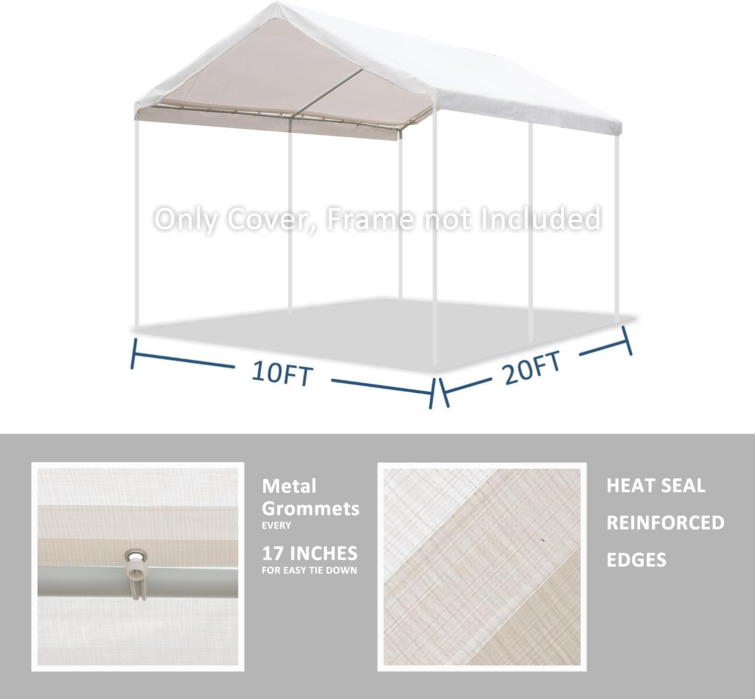 Cubierta de toldo de repuesto para carport de 10 x 20 pies, cubierta de refugio de garaje, lona de 6.83 onzas con cuerdas elásticas de bola (solo