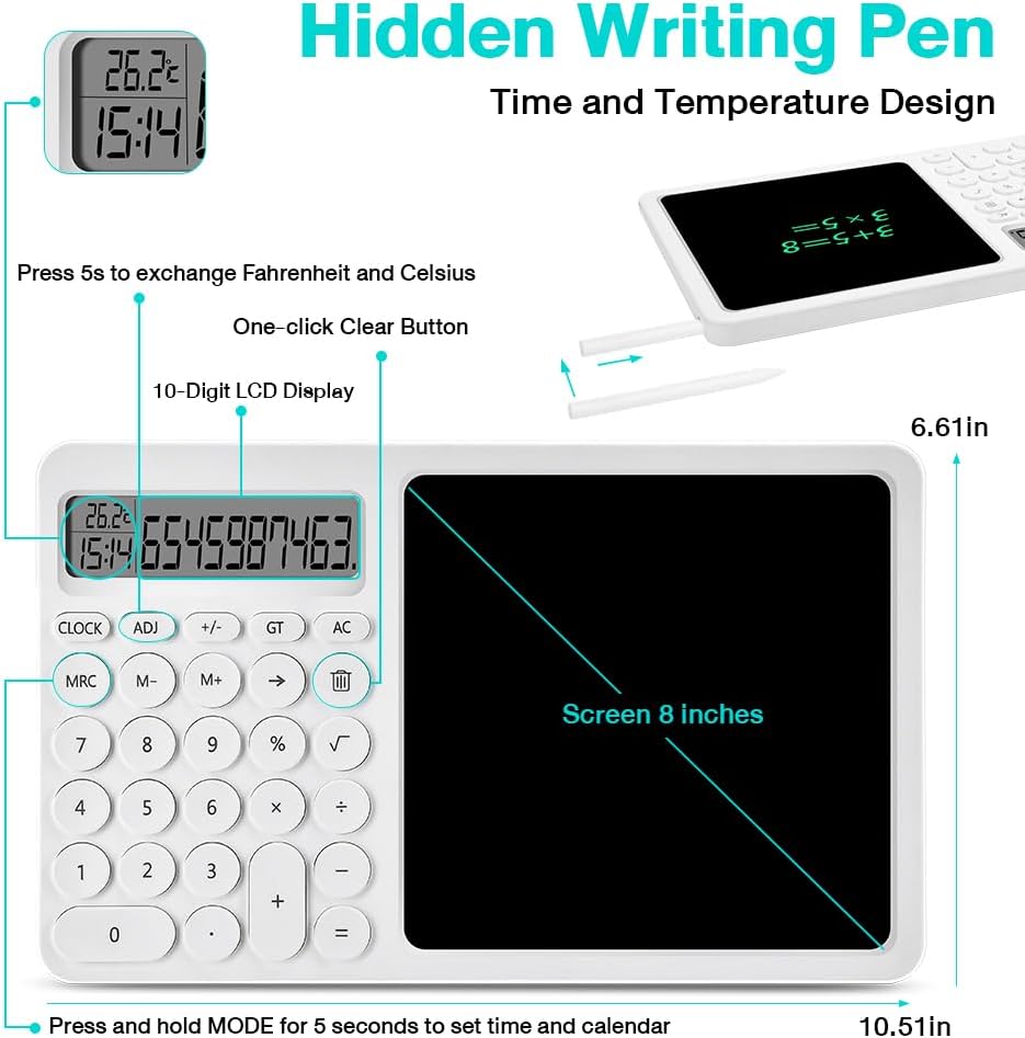 Zuukoo Bloc de notas con tableta de escritura LCD de 8 pulgadas, calculadora de escritorio con bolígrafo de escritura, calculadora pequeña con