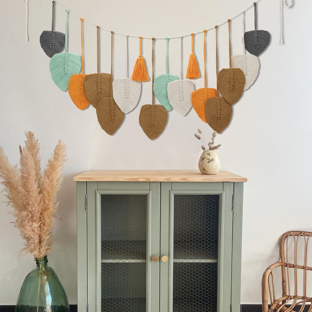 LOSOUR Macrame Wall Hanging,Boho Wall Decor Feather Woven Leaves Tassels Decoration,Handmade Scandinavian Decor, Wall Art for Bedroom, Headboard,