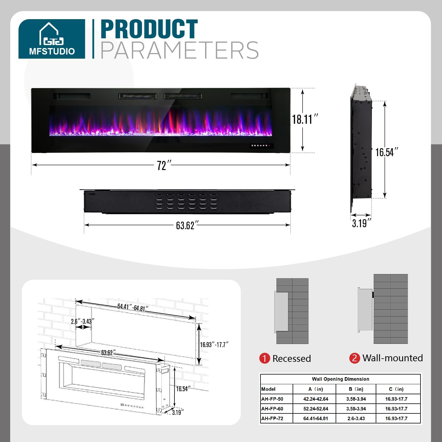 MFSTUDIO Chimenea eléctrica de 72 pulgadas con control remoto y pantalla táctil, calentador de chimenea empotrado y montado en la pared, chimenea