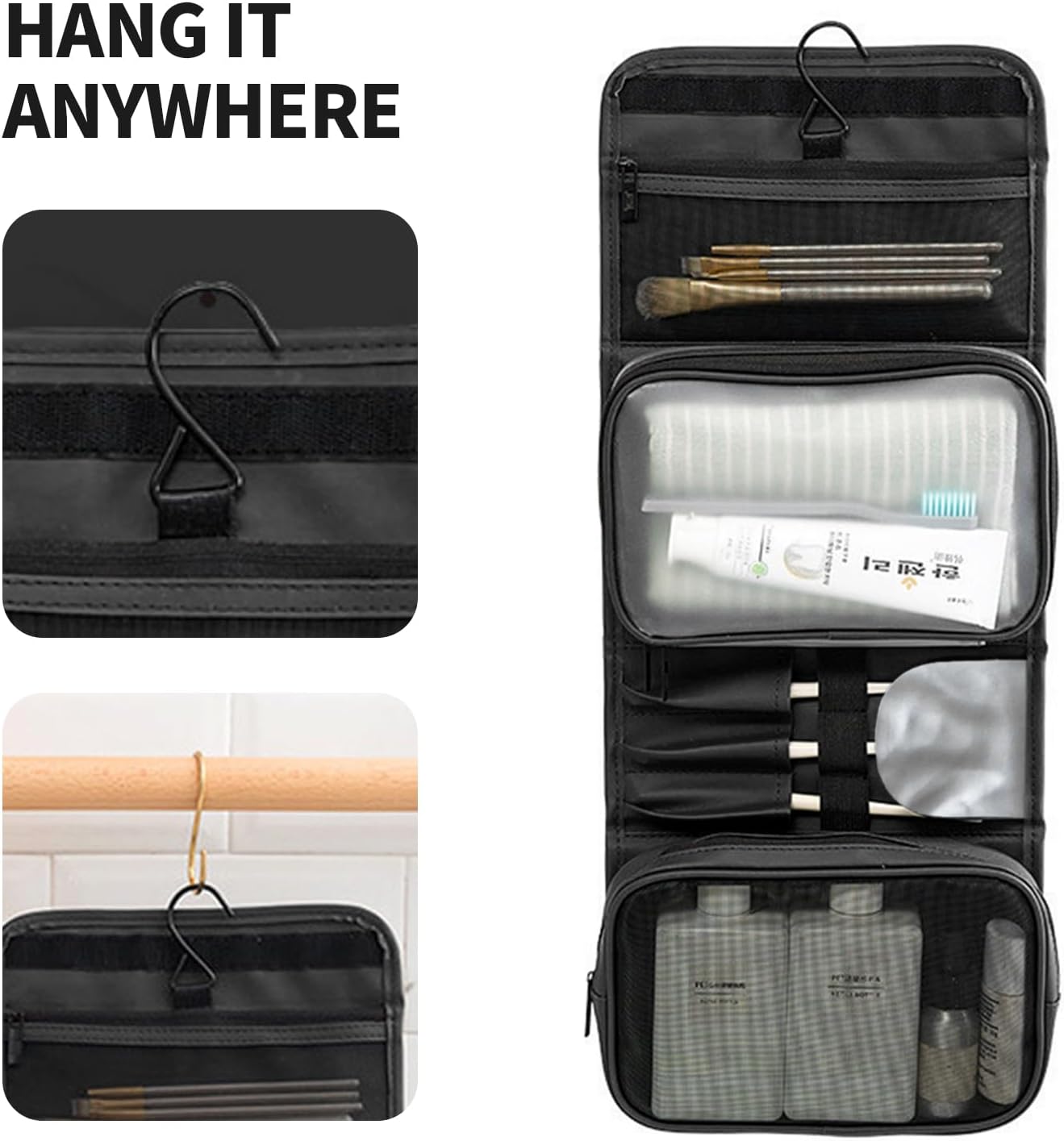 Neceser colgante de viaje para mujer, con capacidad para champú de tamaño completo, con compartimento organizador de joyas, Negro -, Viajes