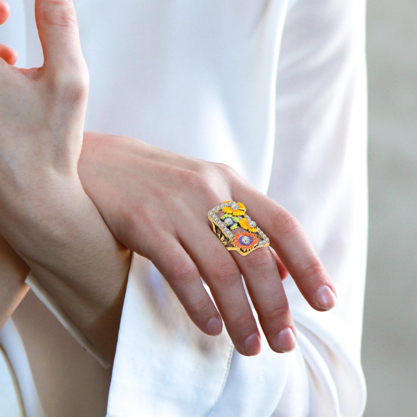 Unique Big Rectangle Resin Enamel Flower Wide Funky Ring,Handmade Floral Full Finger Chunky Long Ring,Yellow Gold Plated Large Square Cocktail Party