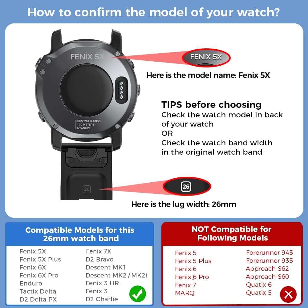ANCOOL Compatible con Garmin Fenix 7X Band, 0.86 pulgadas de silicona suave de fácil ajuste para reloj inteligente Fenix 5XFenix 6XFenix 5X