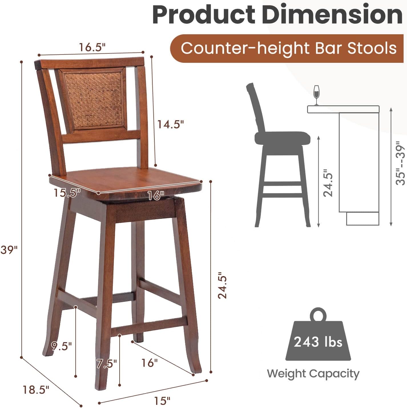 Taburete de bar, silla alta, taburete de bar de altura de asiento de 24.5 pulgadas, taburete de madera giratorio de 360 con respaldo de ratán,
