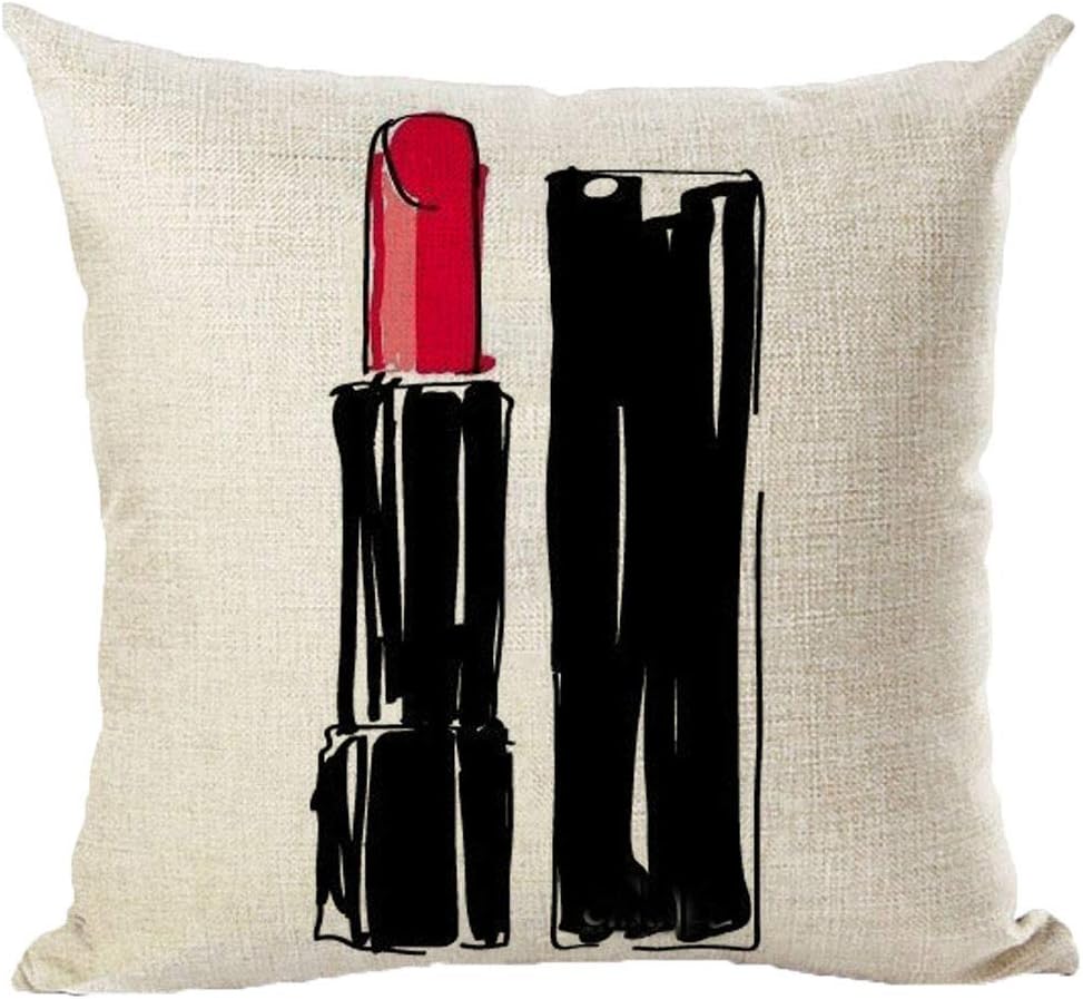 Unkyoo Juego de 4 fundas de almohada decorativas para maquillaje y esmalte de uñas de algodón y lino con patrón de lápiz labial, funda de almohada