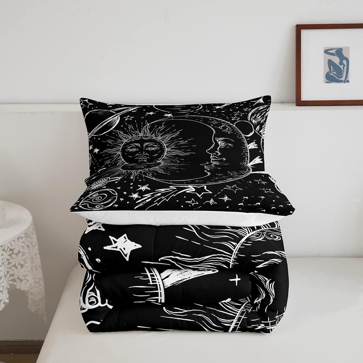 Feelyou Juego de ropa de cama de sol y luna, juego de edredón de estilo bohemio para niños y niñas, edredón de galaxia cósmica celestial, juego de
