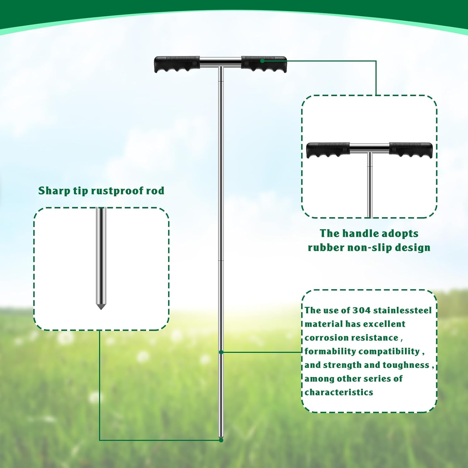 Zonon 2 piezas de sonda de acero inoxidable para tierra de 32 a 48 pulgadas, herramienta localizadora de tanque séptico ajustable, varilla de sonda