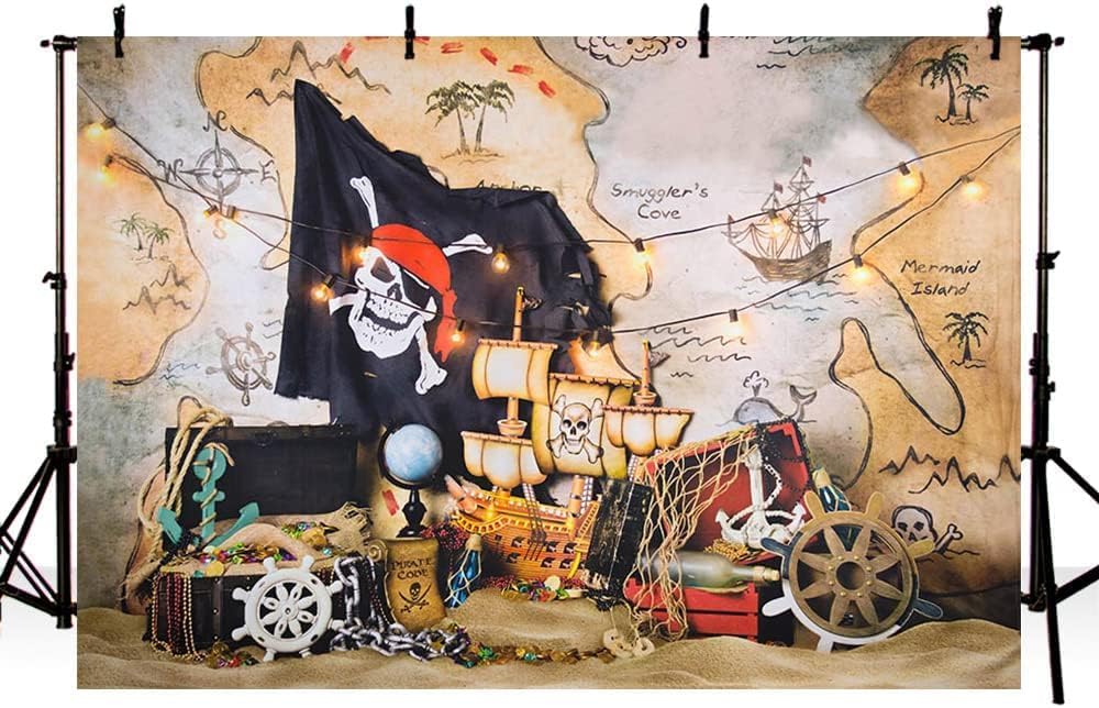 MEHOFOND Fondo de fotos de mapa del tesoro pirata de 7 x 5 pies para niños, isla de cumpleaños, mapa del tesoro, decoración de fiesta de cumpleaños,