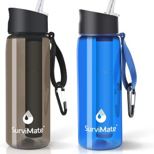 SurviMate Botella de agua purificada para camping, senderismo, mochilero y viajes, sin BPA con popote de filtro integrado de 4 etapas SurviMate Botella de agua purificada para camping, senderismo, mochilero y viajes, sin BPA con popote de filtro integrado de 4 etapas