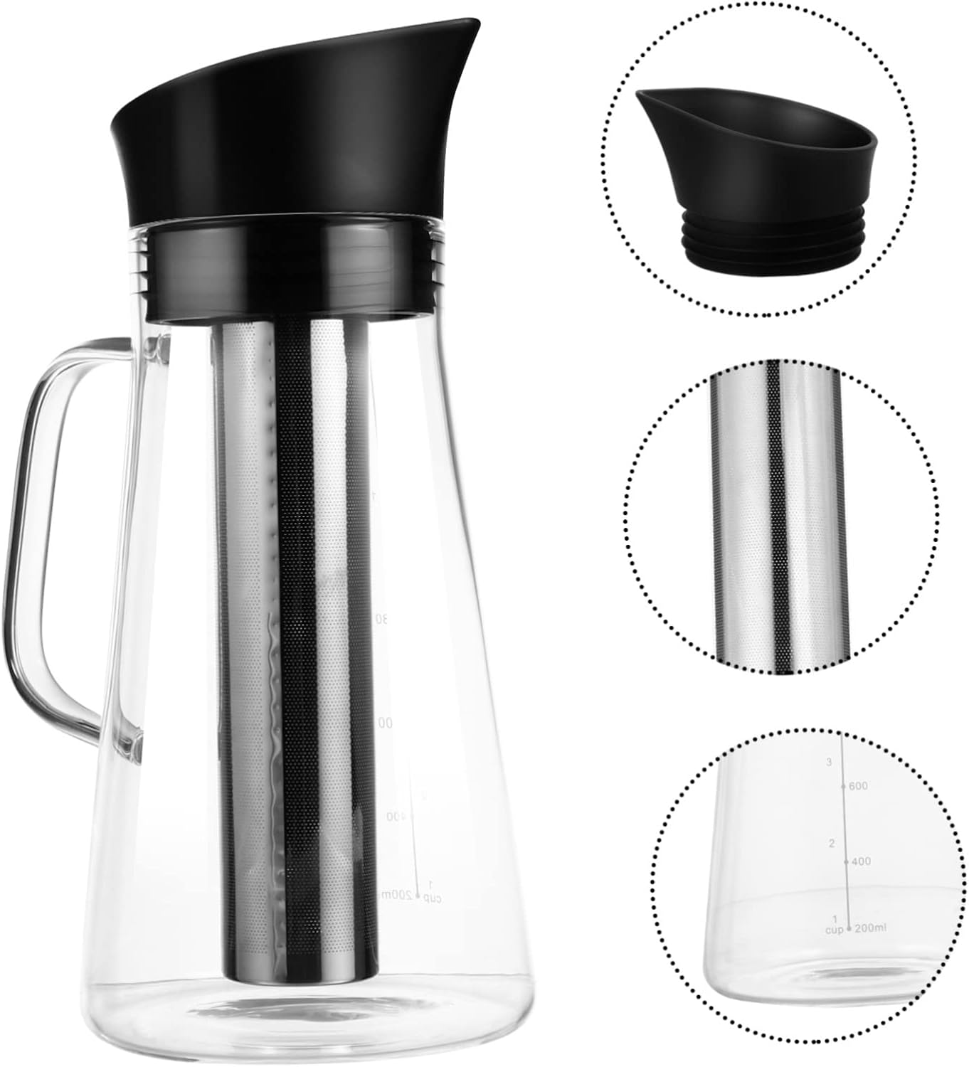 KICHOUSE Jarra de filtro de hojas sueltas, cafetera de café en frío, cafetera de café expreso, infusor de té helado, vidrio para verter la tetera de