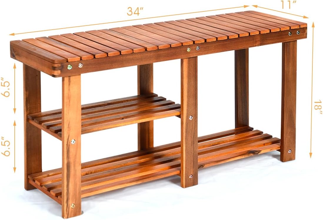 KOTEK Zapatero de 3 niveles, banco de almacenamiento de madera de acacia premium, organizador de zapatos multifuncional con almacenamiento de botas,