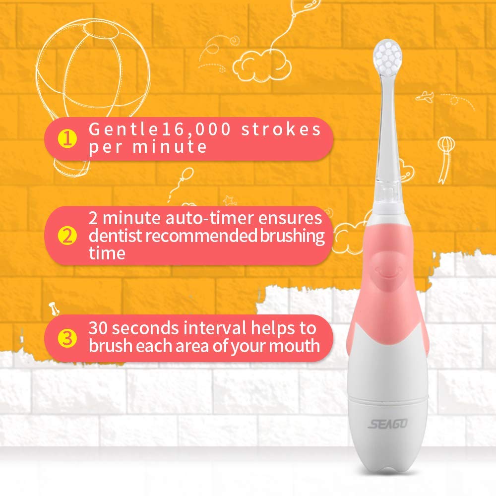 ReDISEN Seago Sonic, cepillo de dientes eléctrico para niños, con luz LED, temporizador inteligente para niños de 6 meses a 4 años, resistente al