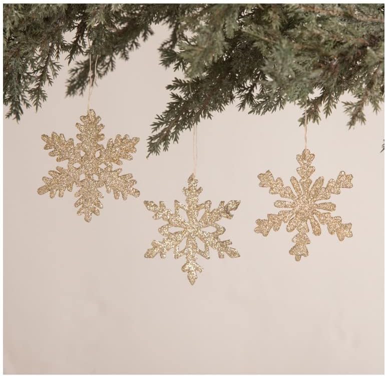 Bethany Lowe Designs TF0131 – Juego de 3 adornos de copos de nieve dorados antiguos