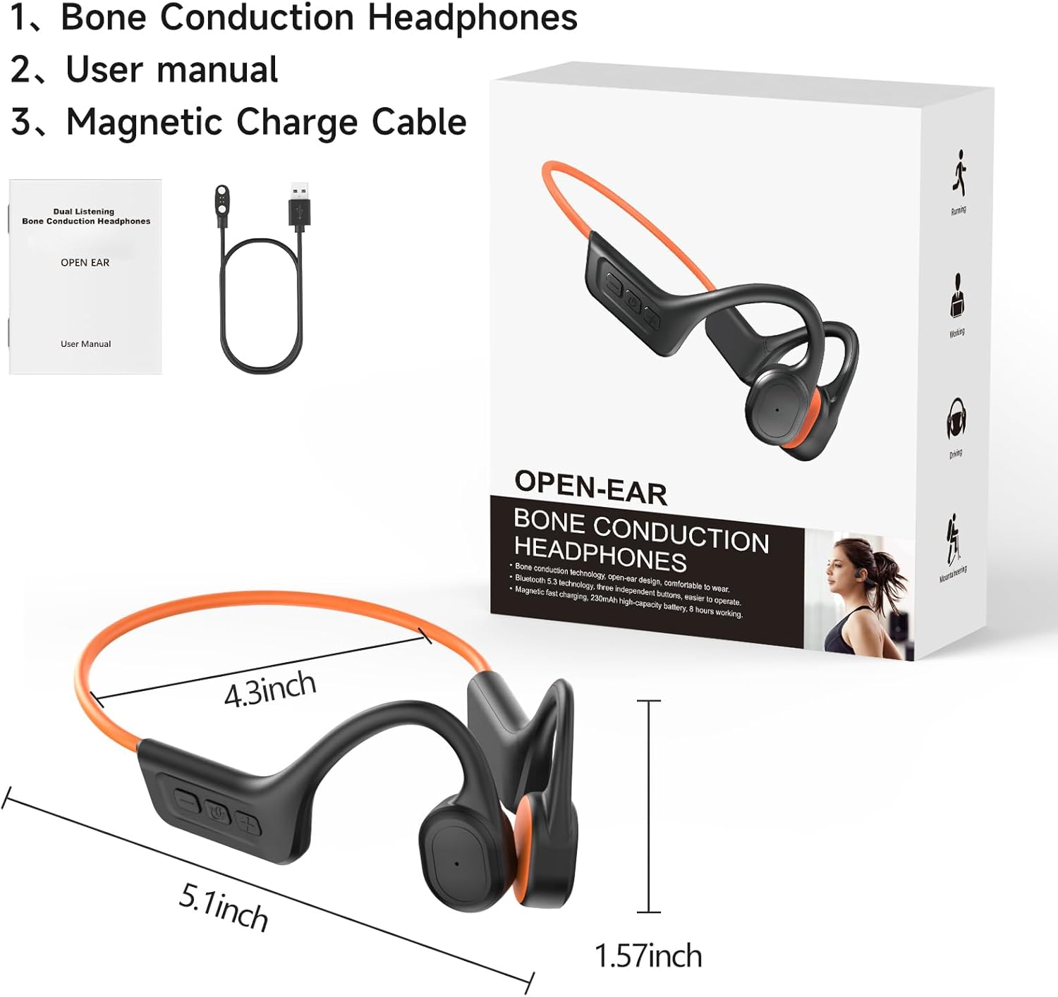 Auriculares de conducción ósea, IPX7 impermeables inalámbricos deportivos, auriculares abiertos Bluetooth 5.3 con micrófono, tiempo de reproducción