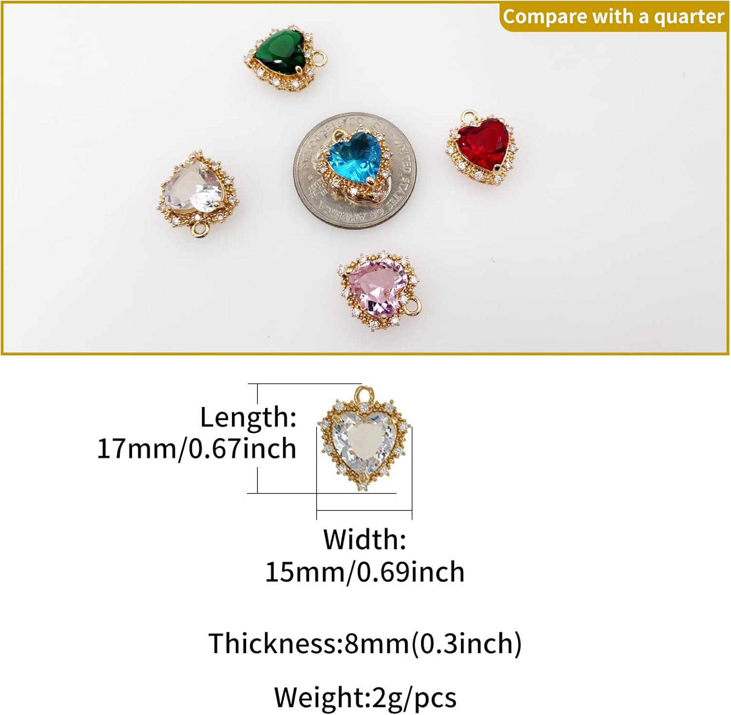 ZeaLian Abalorios de corazón de cristal de aleación chapada en oro para hacer joyas, pulseras, collares, aretes, colgantes, suministros de
