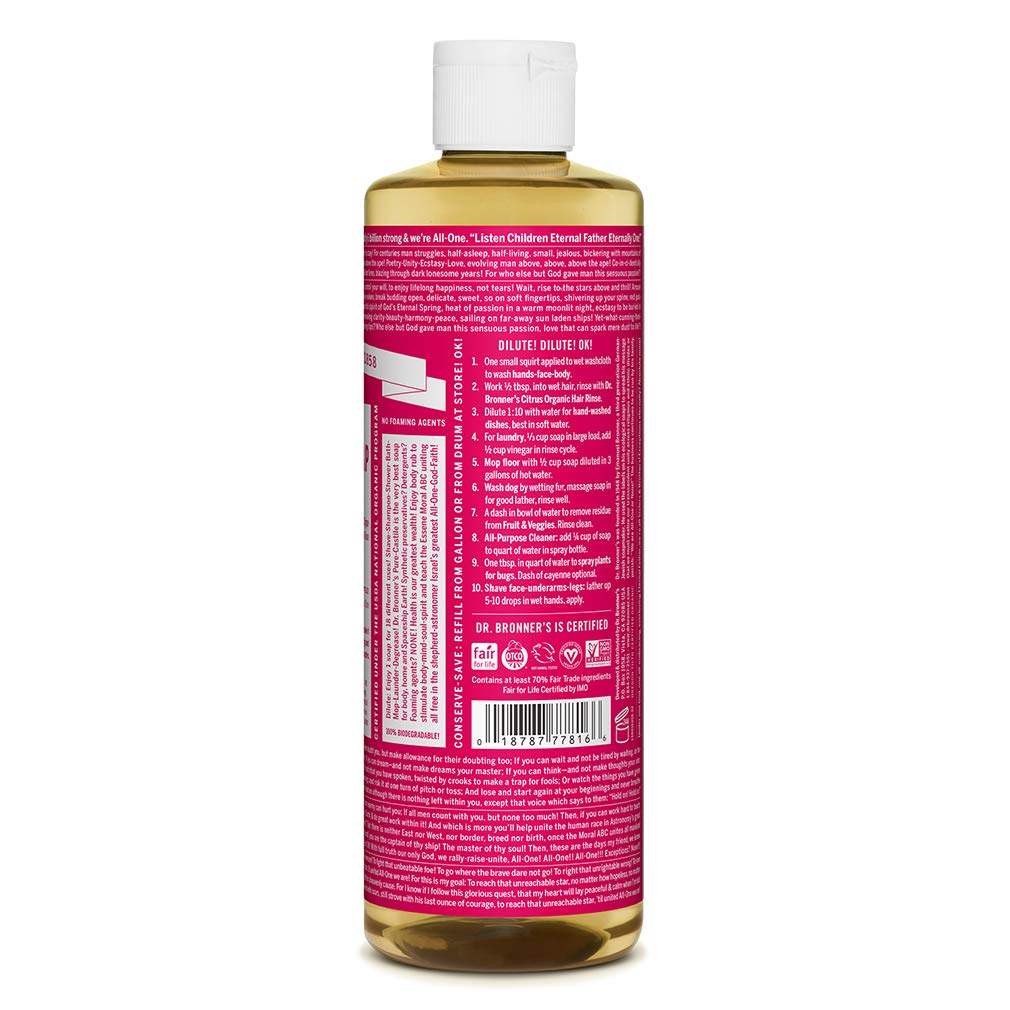 Dr. Bronner’s – Jabón líquido puro de Castilla (rosa, 16 onzas, paquete de 2), hecho con aceites orgánicos, 18 usos en 1 cara, cuerpo, cabello,