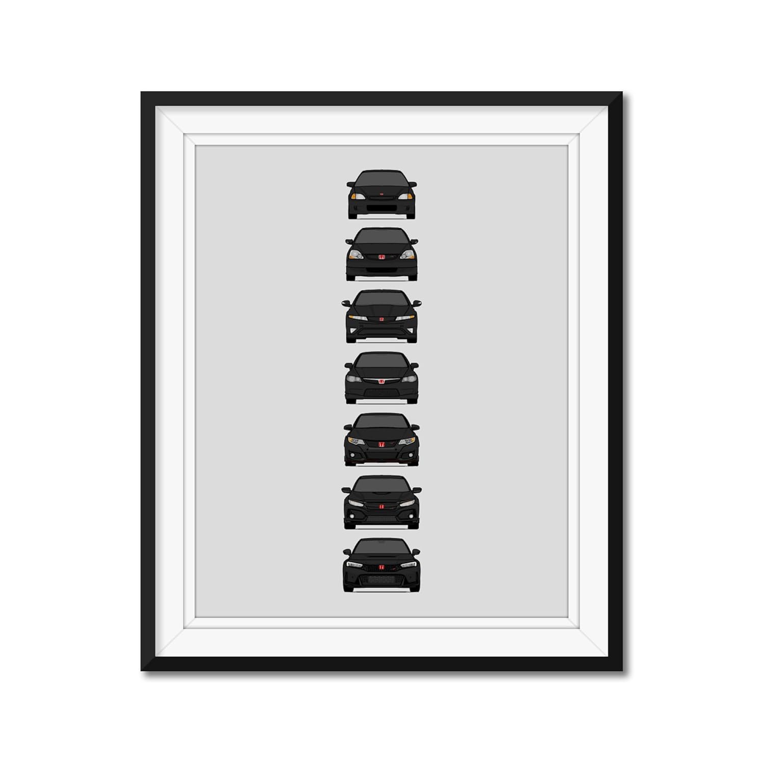 Honda Civic Type-R Generations Inspired Car Poster – Handmade Print of EK9, EP3, FD2, FN2, FK2, FK8, FL5 – Black, 8×10″ Metallic Print (Unframed) –