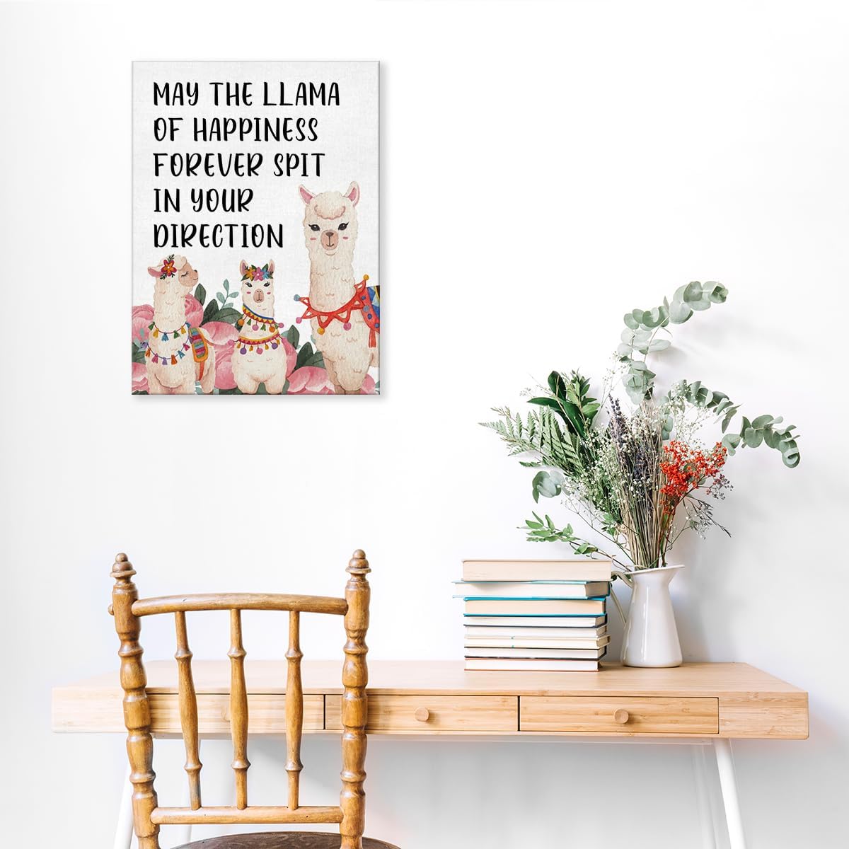 Arte inspirador motivacional para pared, póster con texto en inglés “May the Llama of Happines”, pintura enmarcada para decoración del hogar, 12 x