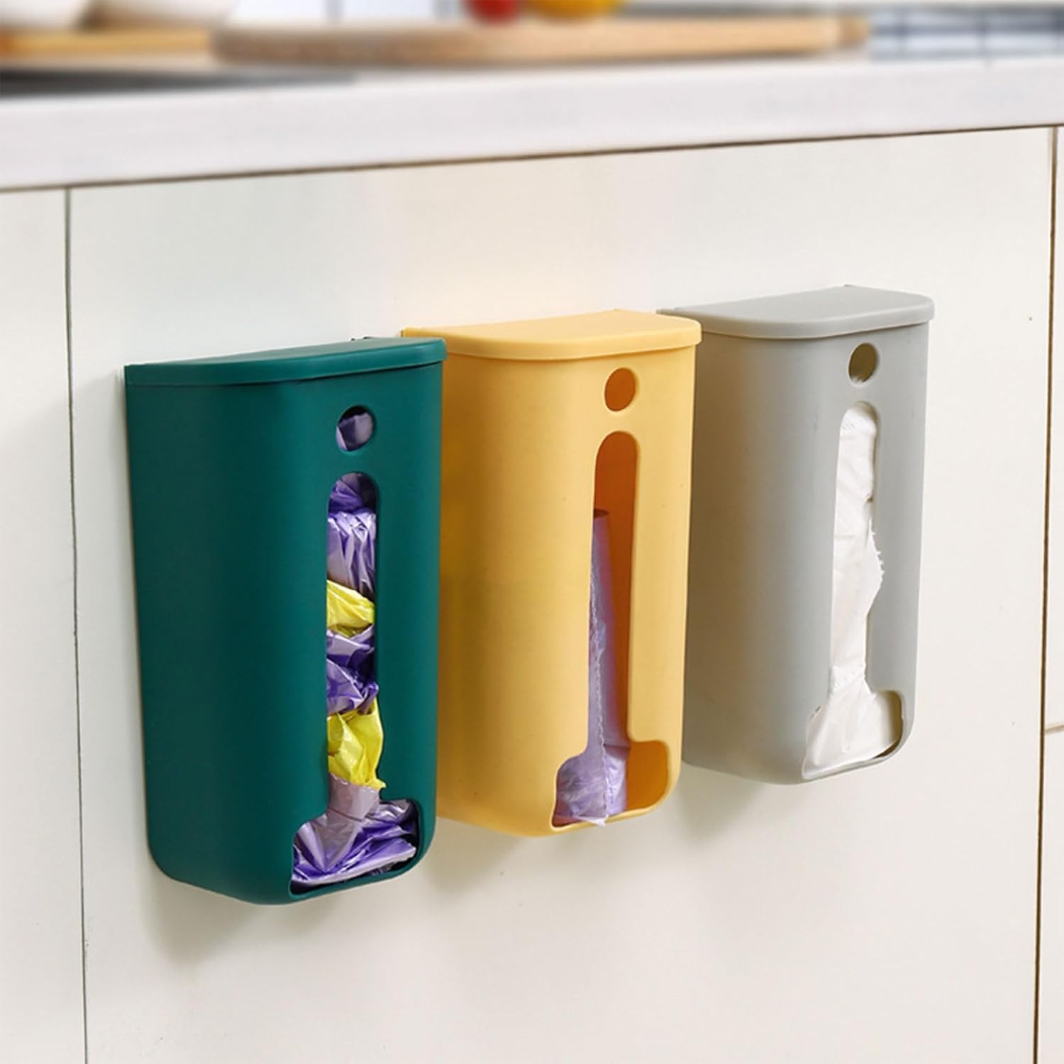 Dispensador de bolsas de basura, soporte de plástico para montaje en pared, organizador de armario de cocina, caja de almacenamiento para bolsa de
