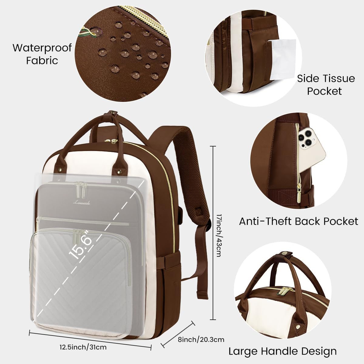 LOVEVOOK Mochila para laptop para mujer, mochila de trabajo de moda con puerto USB, mochilas impermeables para el trabajo., Marrón -beige, Moda