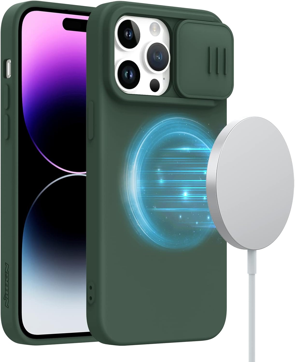 Nillkin Funda magnética para iPhone 14 Pro, compatible con Magesafe, funda de cámara deslizante, de silicona, ultra delgada, a prueba de golpes,
