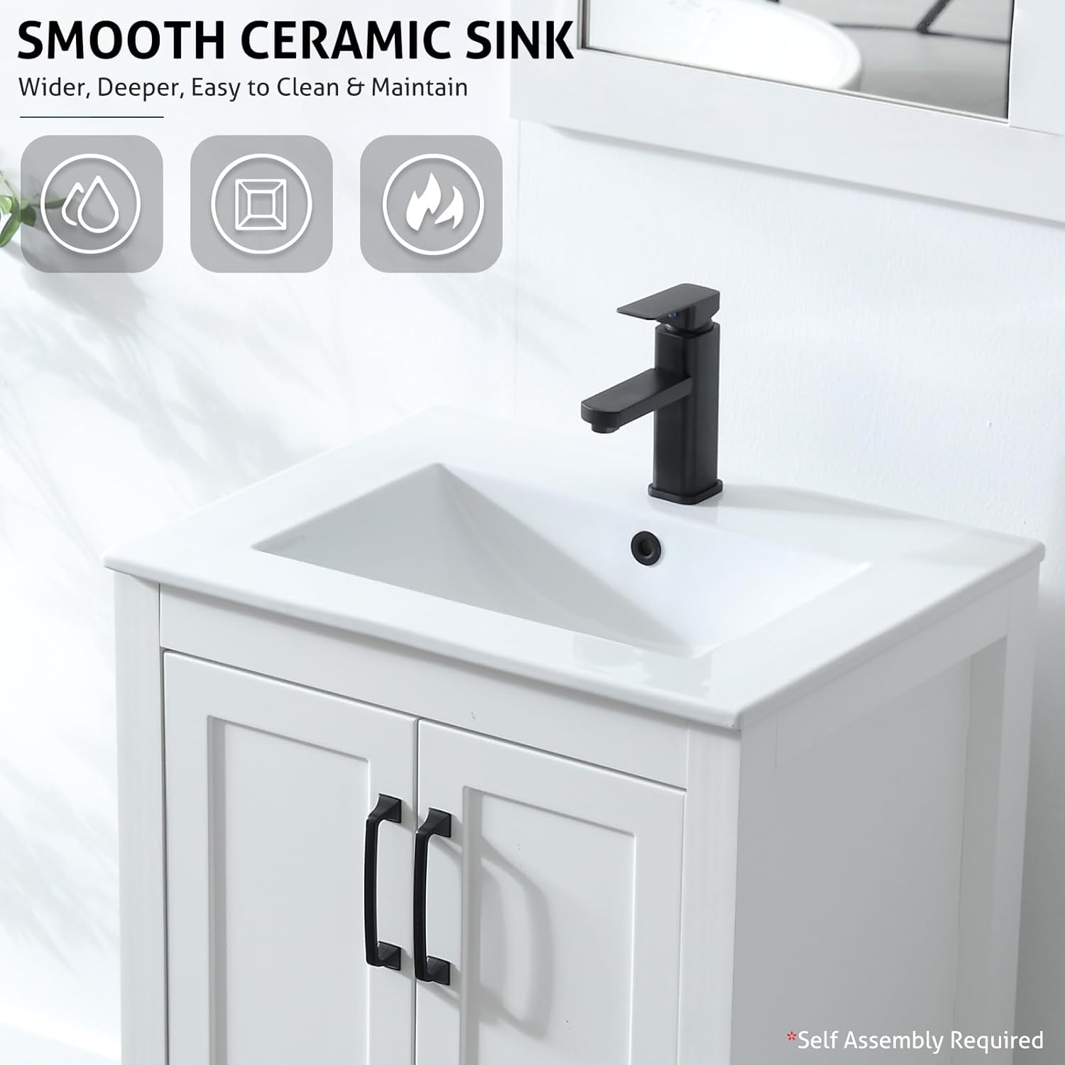 eclife Juego combinado de tocadores de baño de 24 pulgadas con lavabo, fregadero de cerámica empotrado con madera gruesa, grifo negro mate,