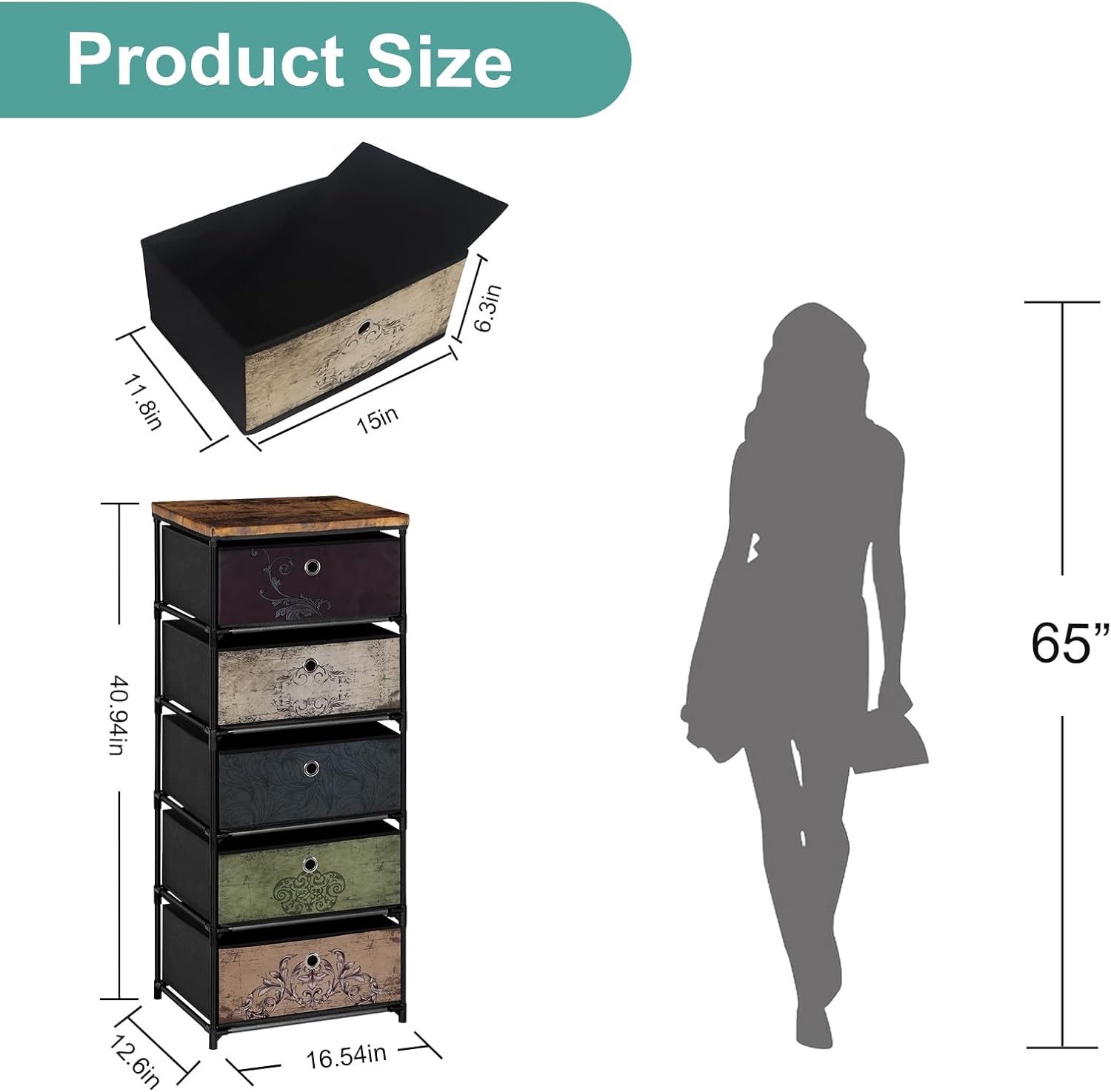 Mesita de noche con 5 cajones, organizador de almacenamiento de ropa, pequeña cómoda de tela para dormitorio, armario, entrada, pasillo, guardería,