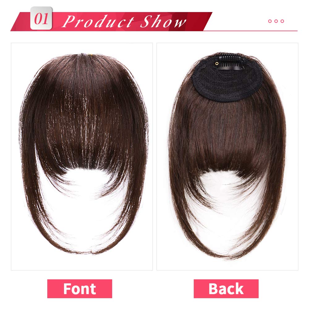 GongXiu – Extensiones de cabello humano real con clip, color negro natural, flequillo liso y plano con sienes para mujer (marrón rojizo oscuro,