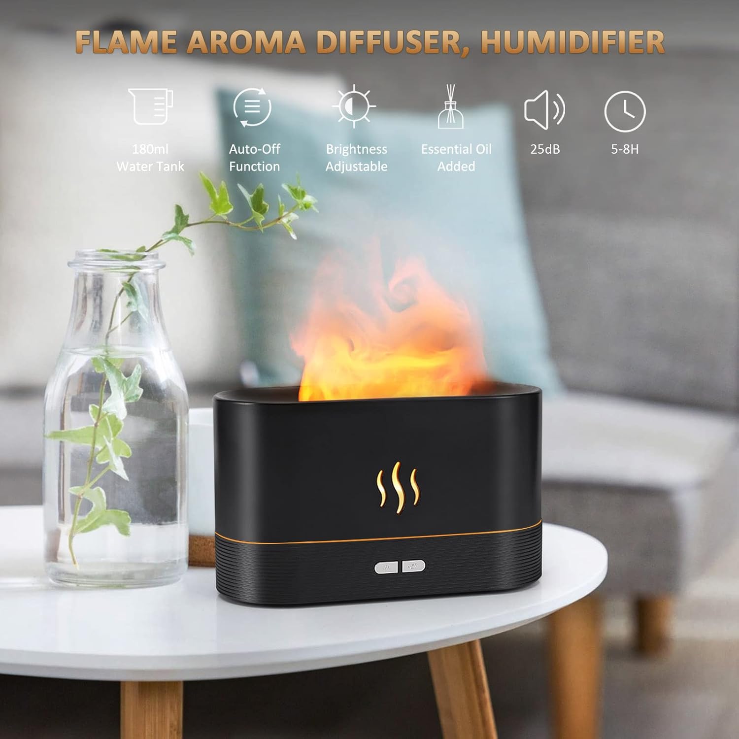 PLUWEL Difusor de llama humidificador, apagado automático de 6.1 fl oz, difusor de aceite esencial, 2 modos de brillo, humidificador de aroma con