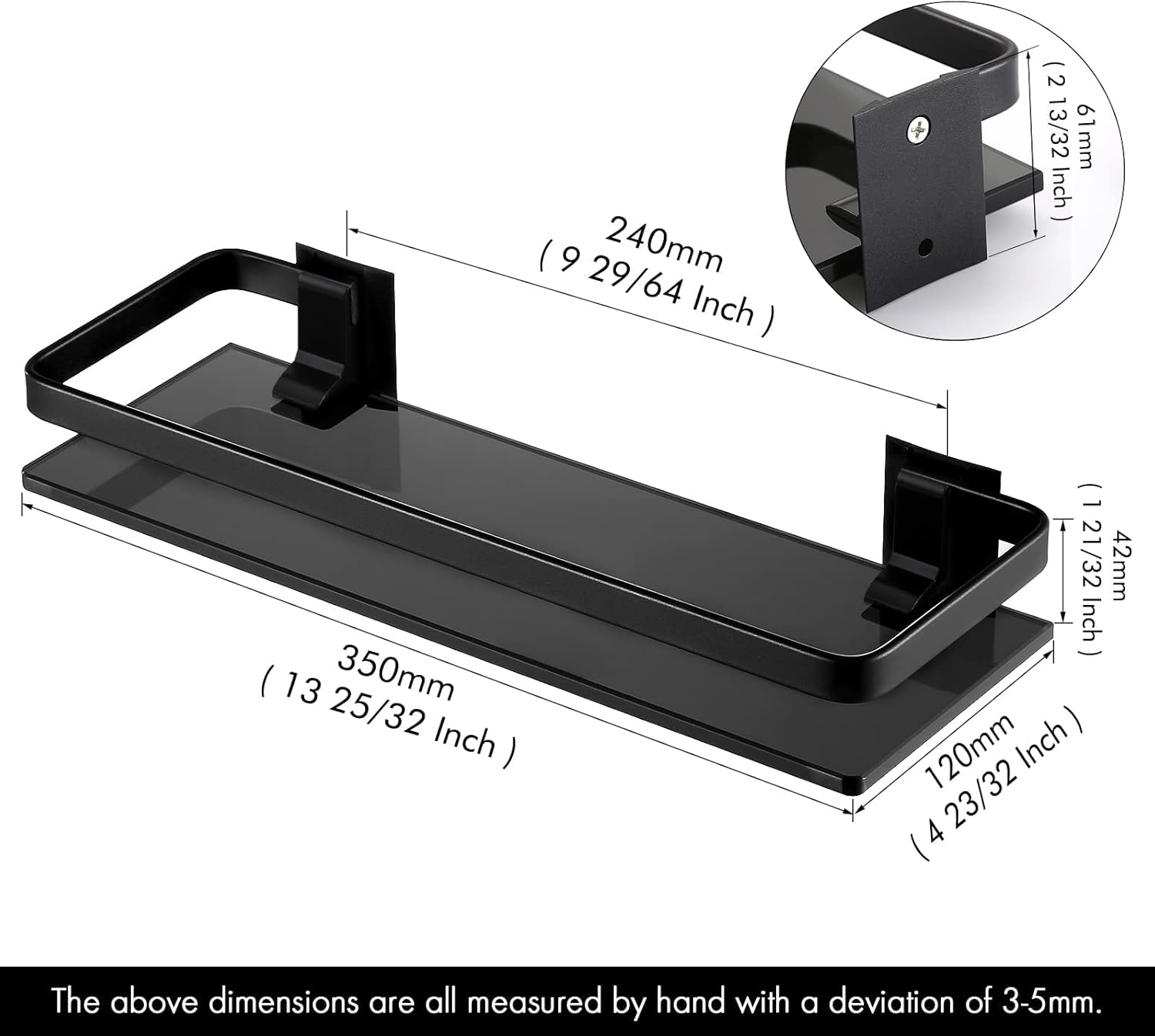 KES Estante de vidrio negro para baño, estante de pared de vidrio templado extra grueso, rectangular, paquete de 2, estante flotante de vidrio de